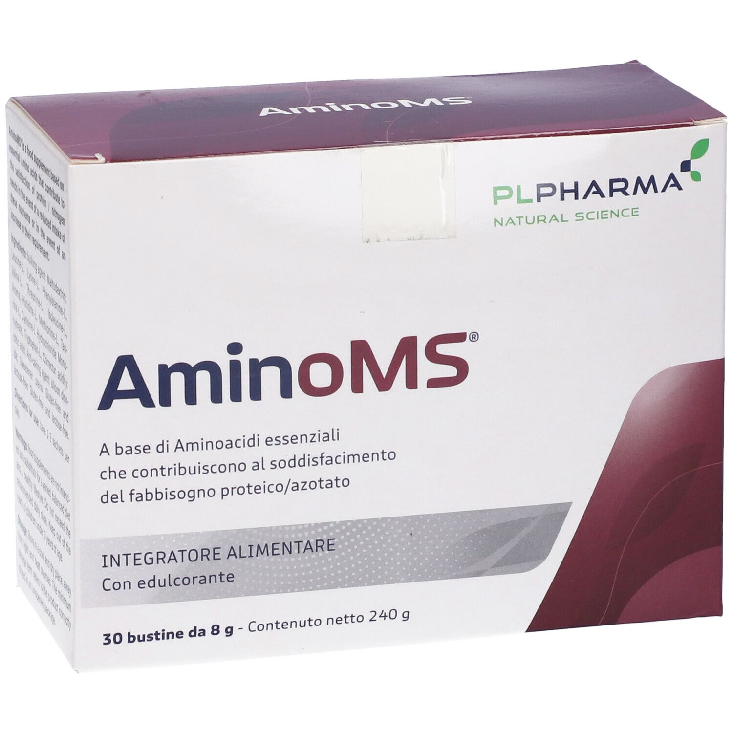 Scatola Aminoms. Scritta: Aminoms, PL Pharma, 30 bustine. Contiene aminoacidi essenziali. Con edulcorante.