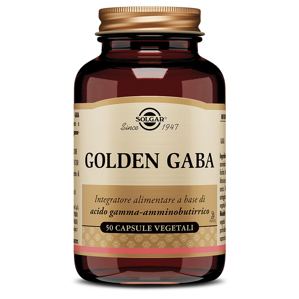 Flacone di vetro marrone con tappo dorato. Etichetta "GOLDEN GABA" e logo "SOLGAR". 50 capsule vegetali.