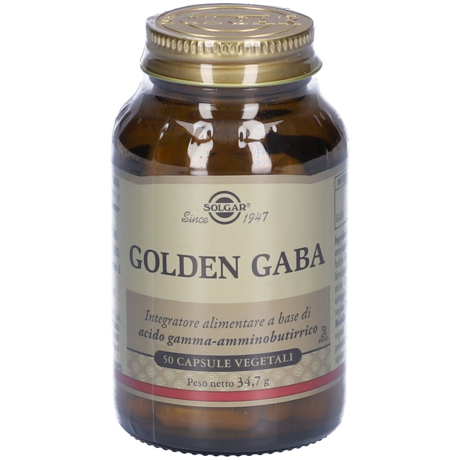 Flacone di vetro marrone con tappo dorato. Scritta: SOLGAR Golden Gaba. 50 capsule vegetali.