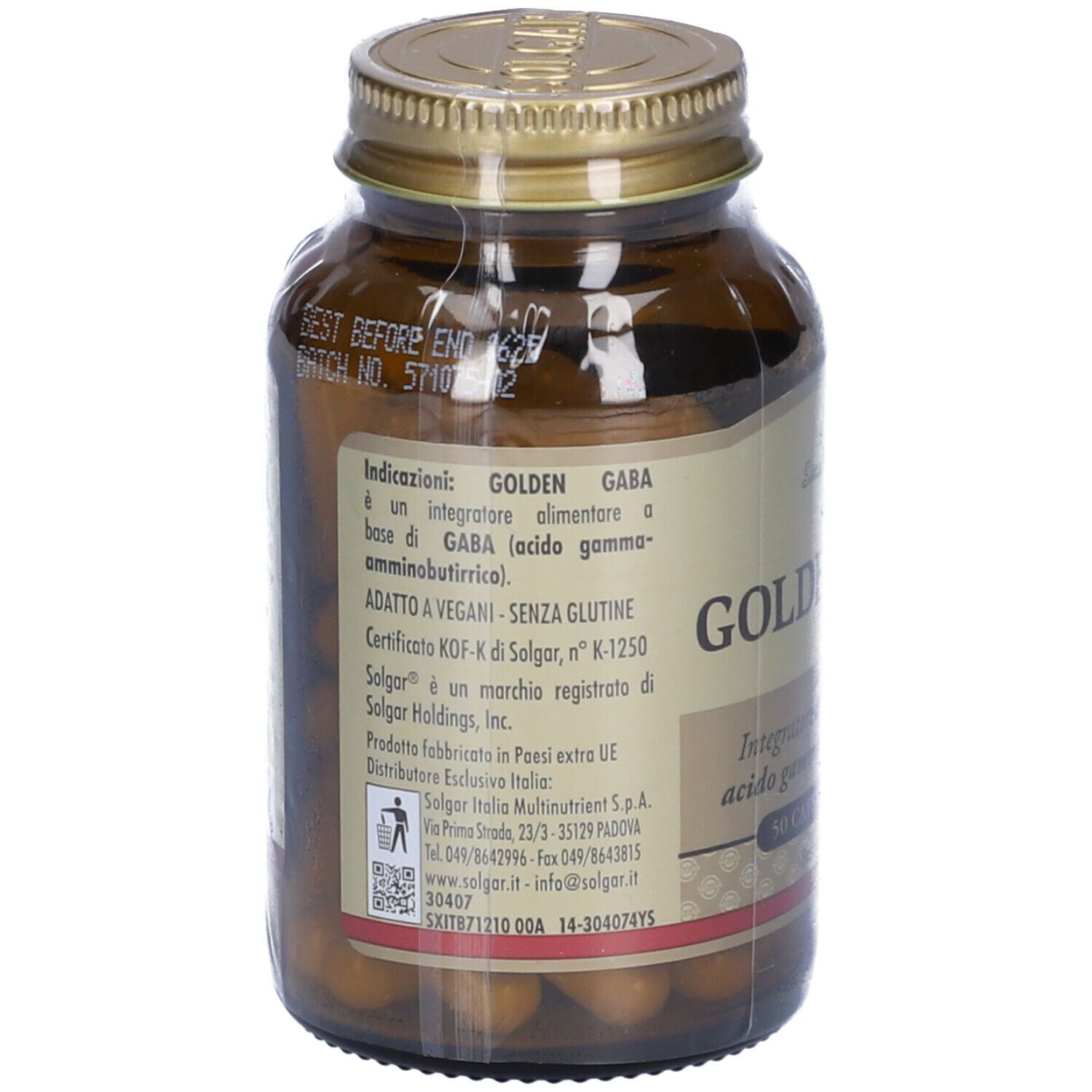 Retro di un flacone di vetro marrone. Scritta: Golden Gaba. Contiene informazioni e ingredienti. Vegano.