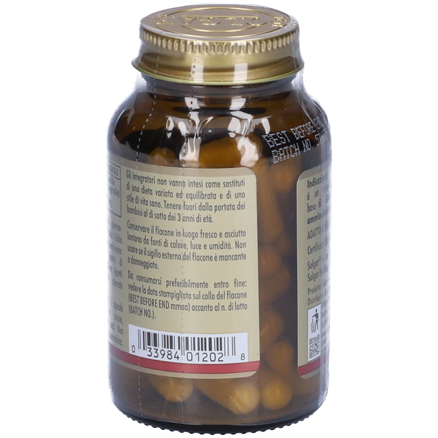 Retro di un flacone di vetro marrone. Scritta: Golden Gaba. Contiene informazioni e ingredienti. Vegano.