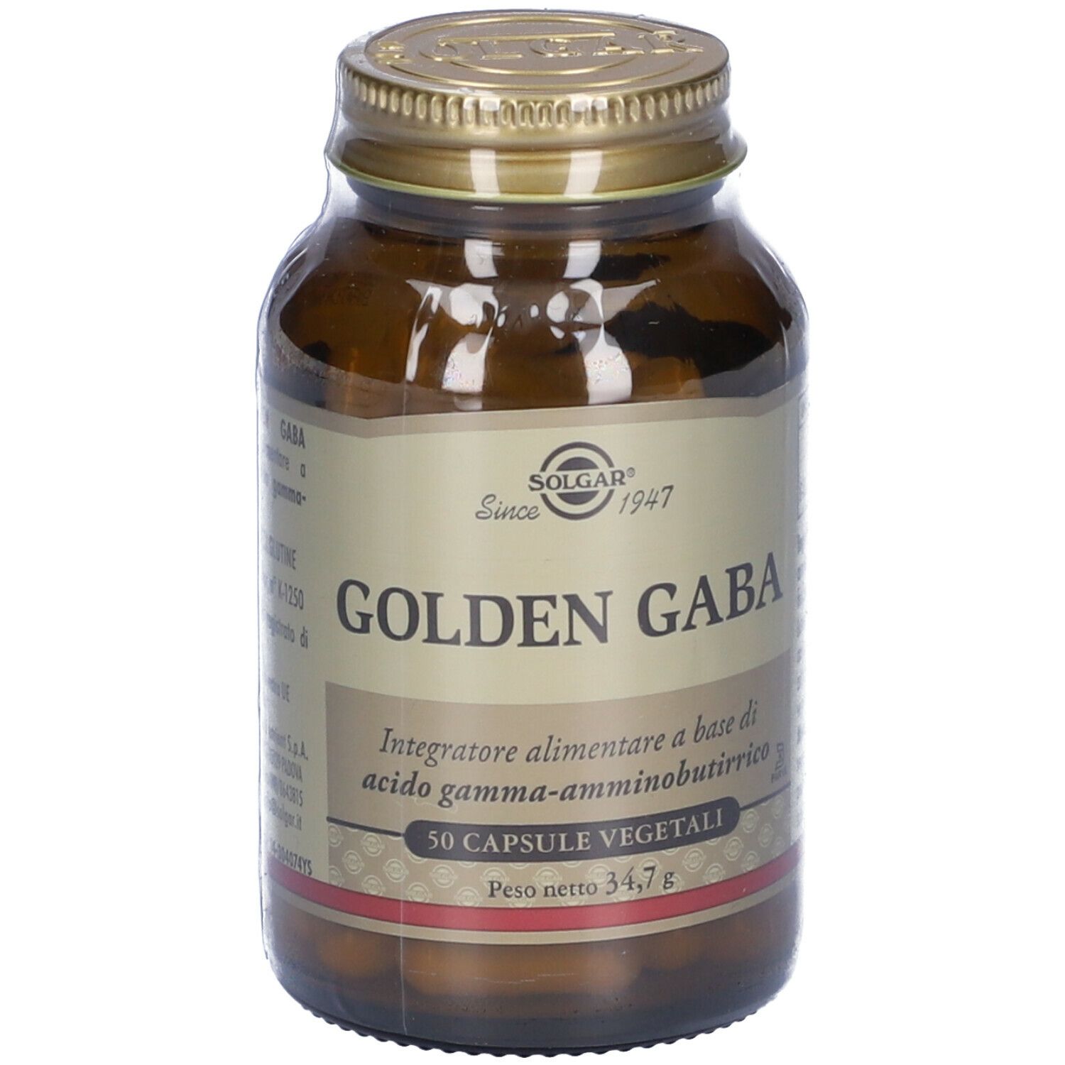 Flacone di vetro marrone con tappo dorato. Scritta: SOLGAR Golden Gaba. 50 capsule vegetali.