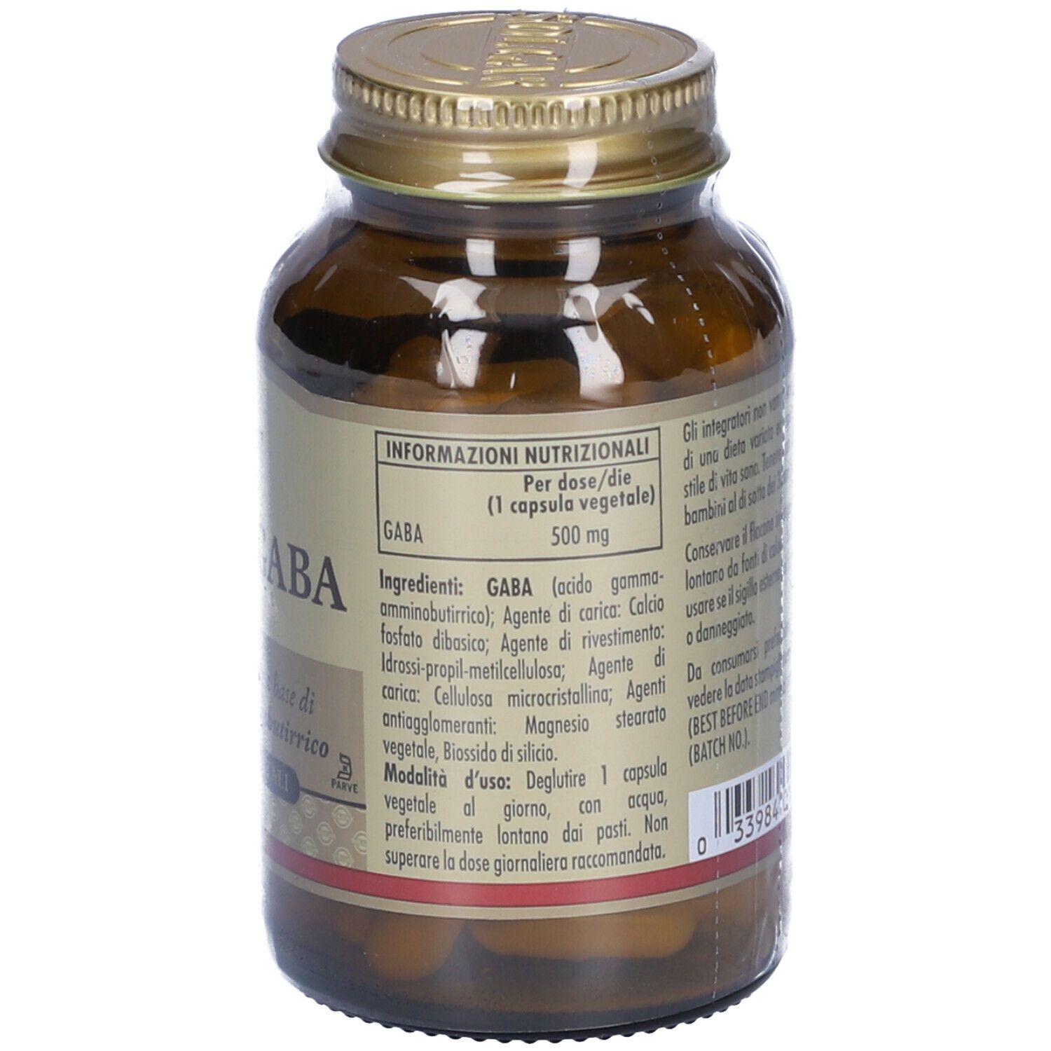 Flacone di vetro marrone con tappo dorato. Scritta: SOLGAR Golden Gaba. Contiene informazioni nutrizionali.