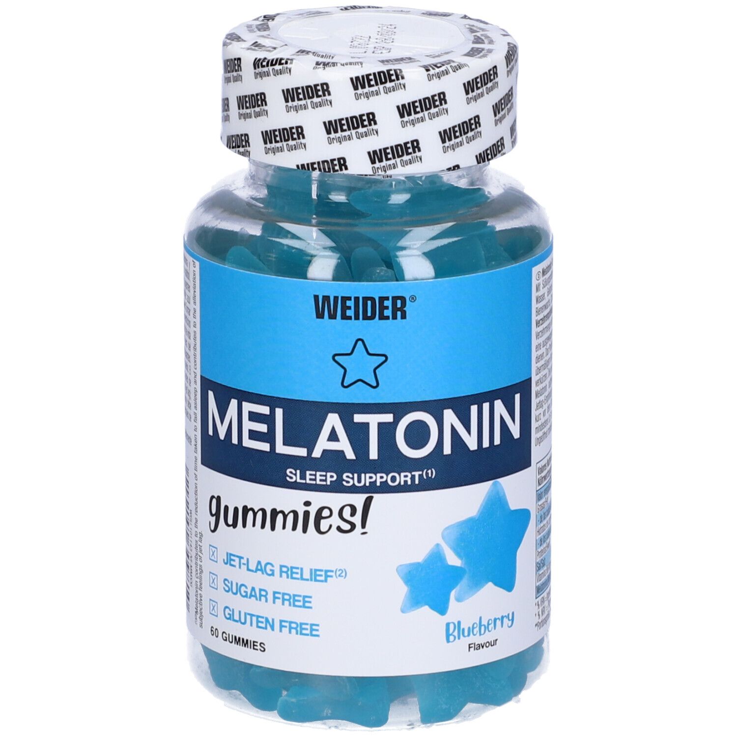 Weider Melatonin Up Gummies in einer Dose. Blaue, sternförmige Gummibärchen. Aufschrift: Melatonin, Sleep Support, Jet-Lag Relief.