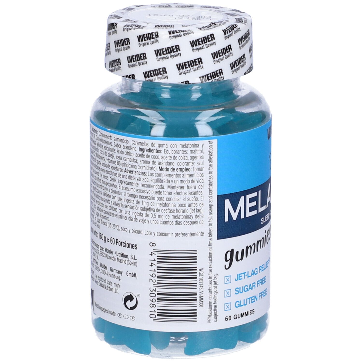 Weider Melatonin Up Gummies in einer Dose. Blaue, sternförmige Gummibärchen. Aufschrift: Melatonin, Sleep Support, Jet-Lag Relief, Sugar Free.