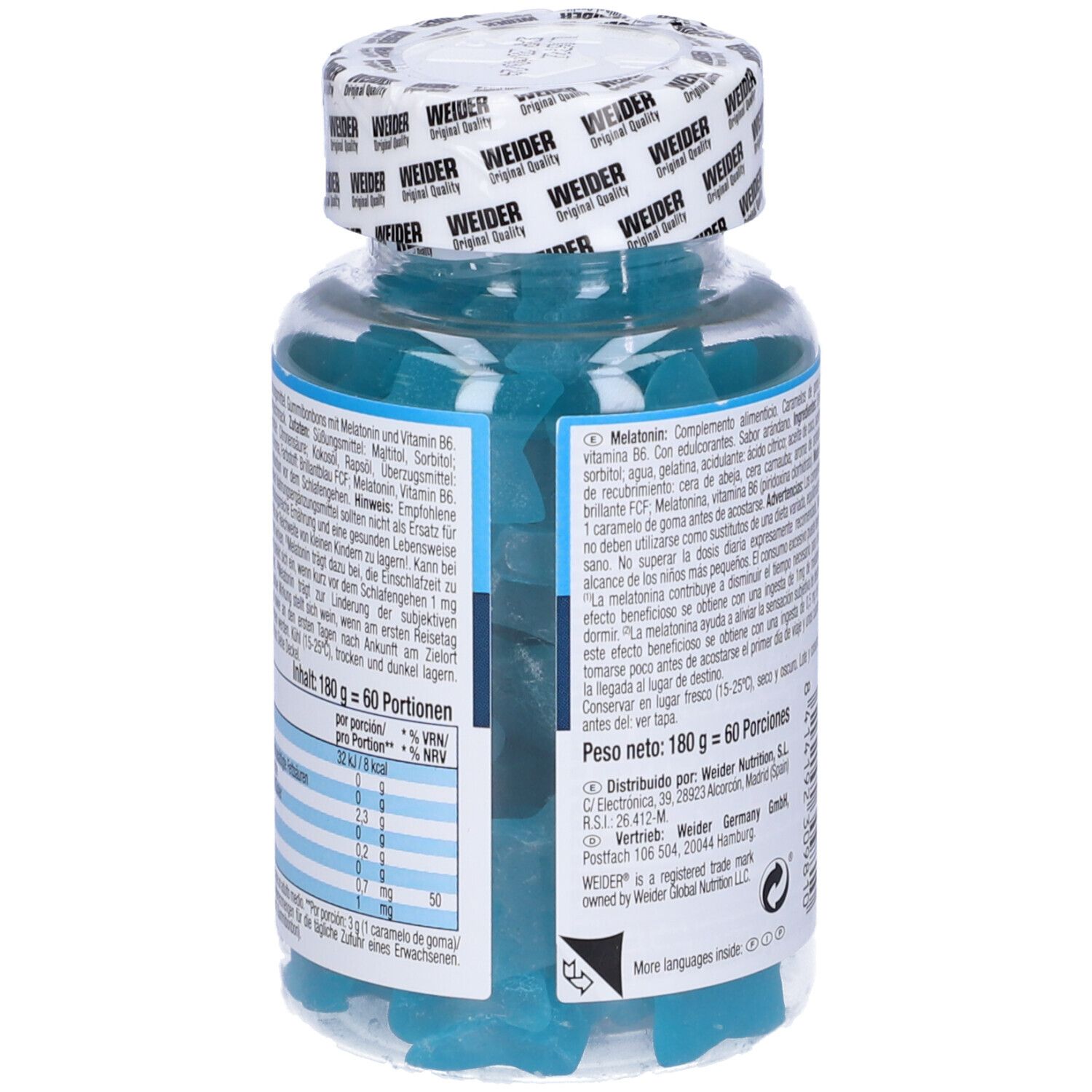 Weider Melatonin Up Gummies in einer Dose. Blaue, sternförmige Gummibärchen. Aufschrift: Melatonin, Sleep Support, Jet-Lag Relief, Sugar Free.