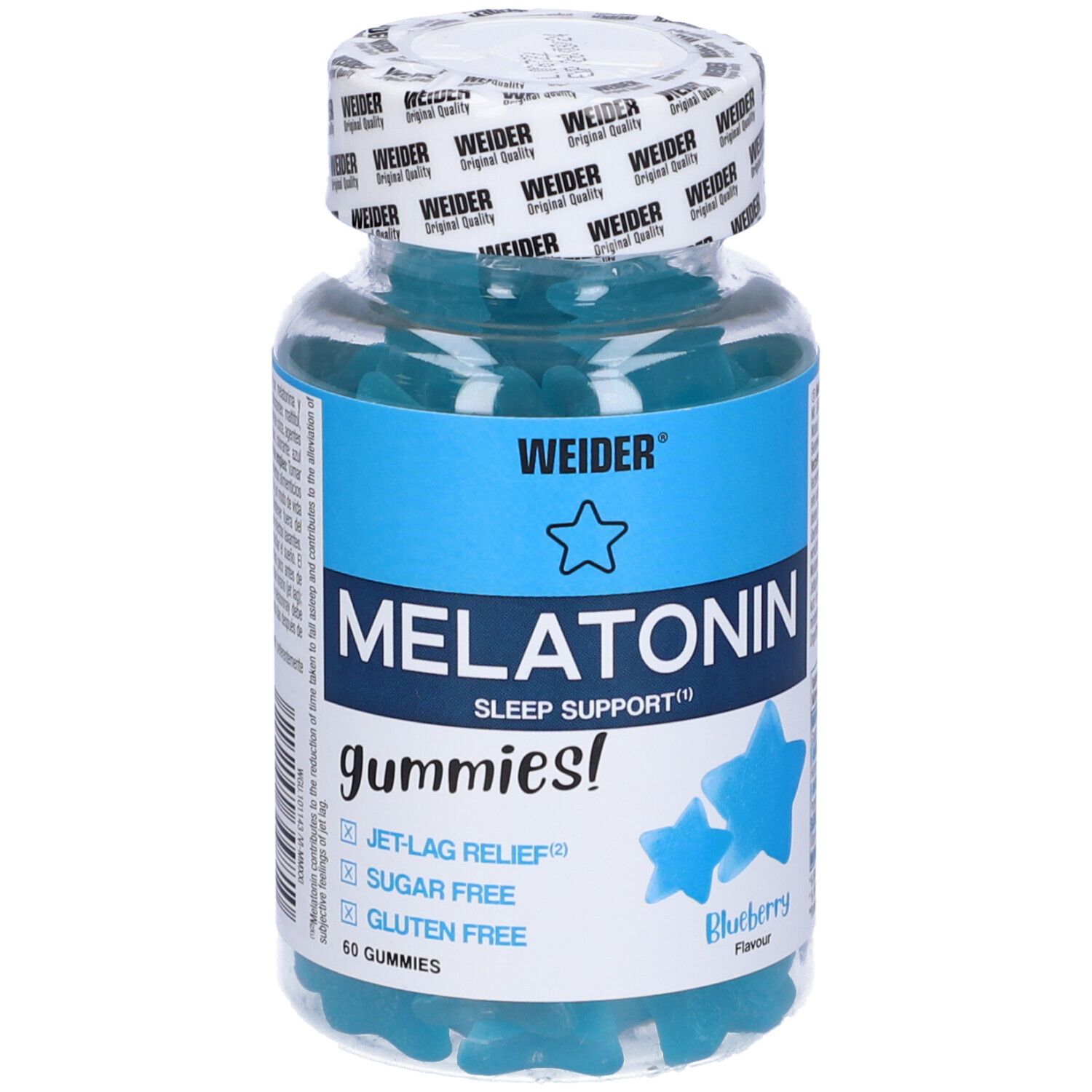 Weider Melatonin Up Gummies in einer Dose. Blaue, sternförmige Gummibärchen. Aufschrift: Melatonin, Sleep Support, Jet-Lag Relief, Sugar Free.