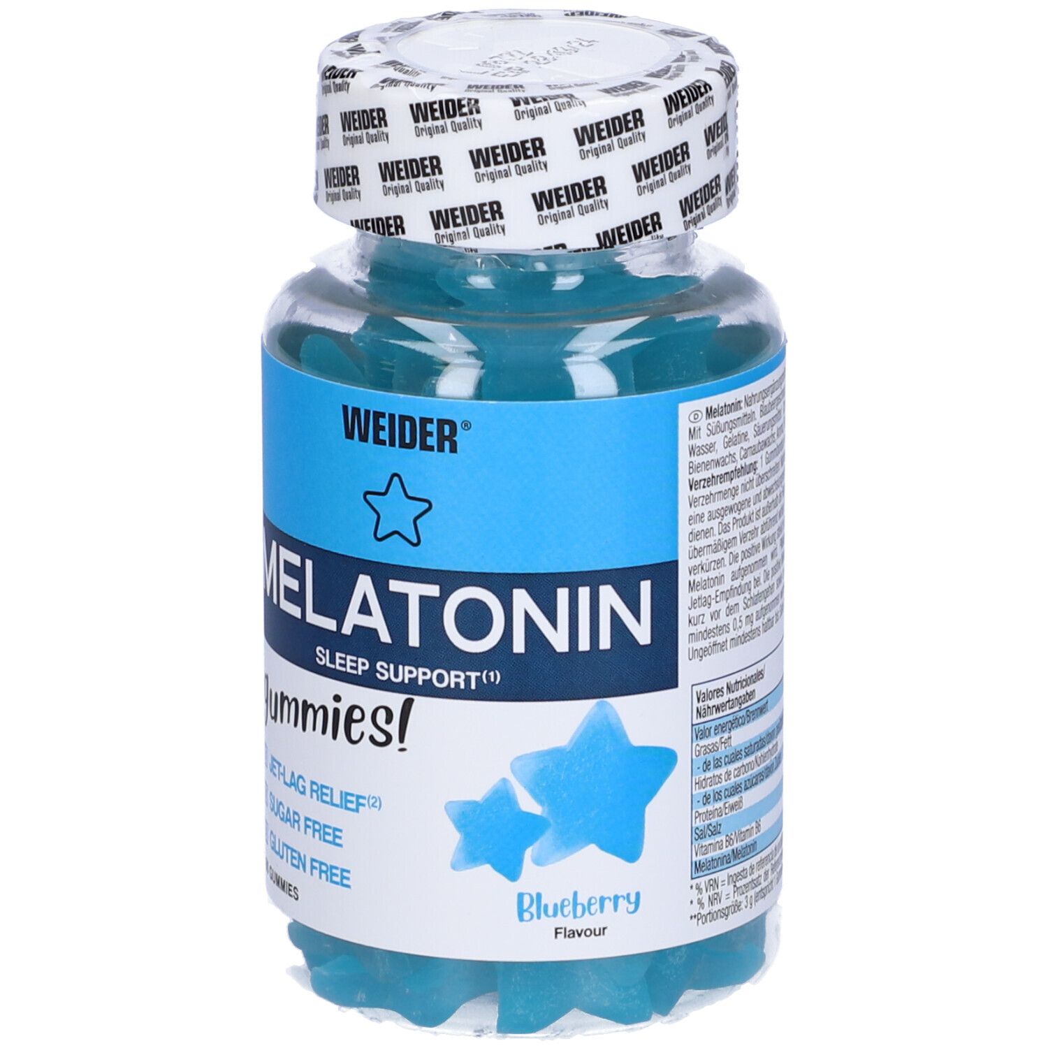 Weider Melatonin Up Gummies in einer Dose. Blaue, sternförmige Gummibärchen. Aufschrift: Melatonin, Sleep Support, Jet-Lag Relief, Sugar Free.