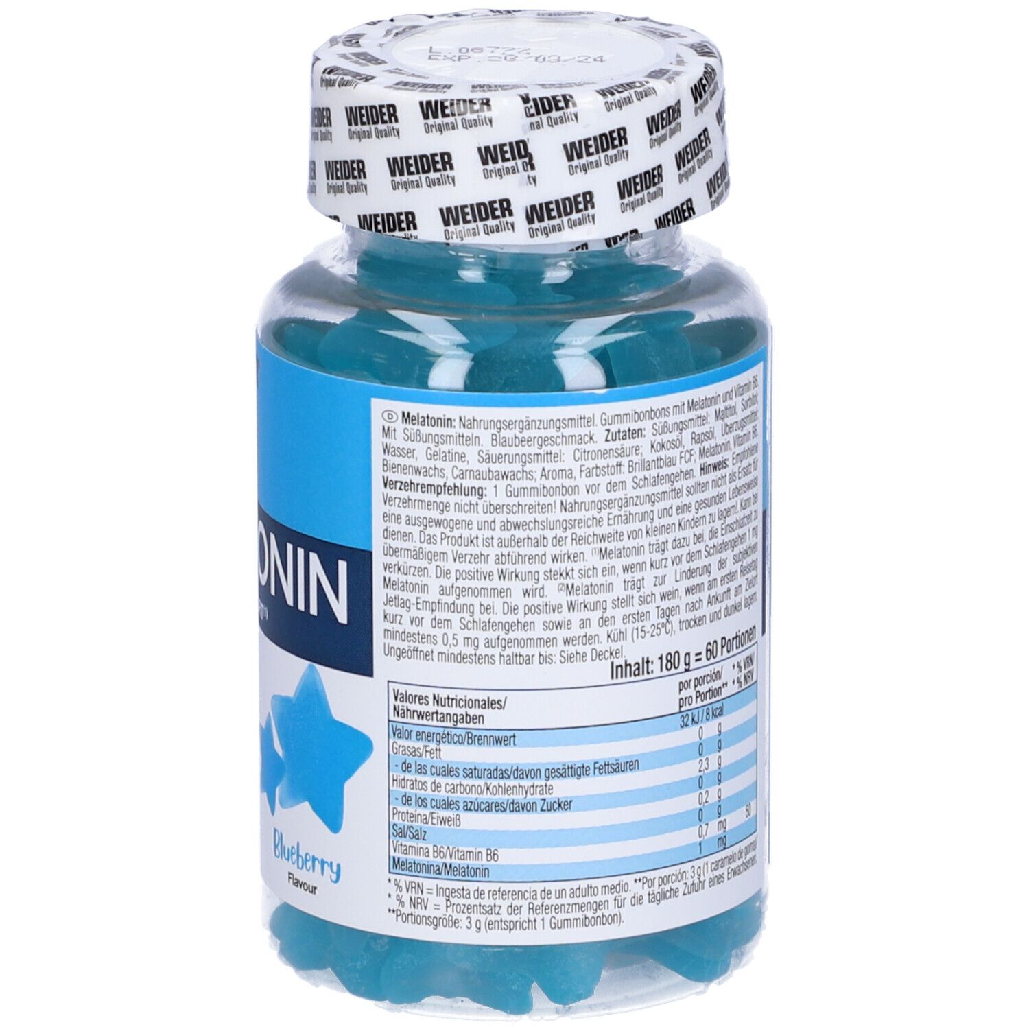 Weider Melatonin Up Gummies in einer Dose. Blaue, sternförmige Gummibärchen. Aufschrift: Melatonin, Sleep Support, Jet-Lag Relief, Sugar Free.
