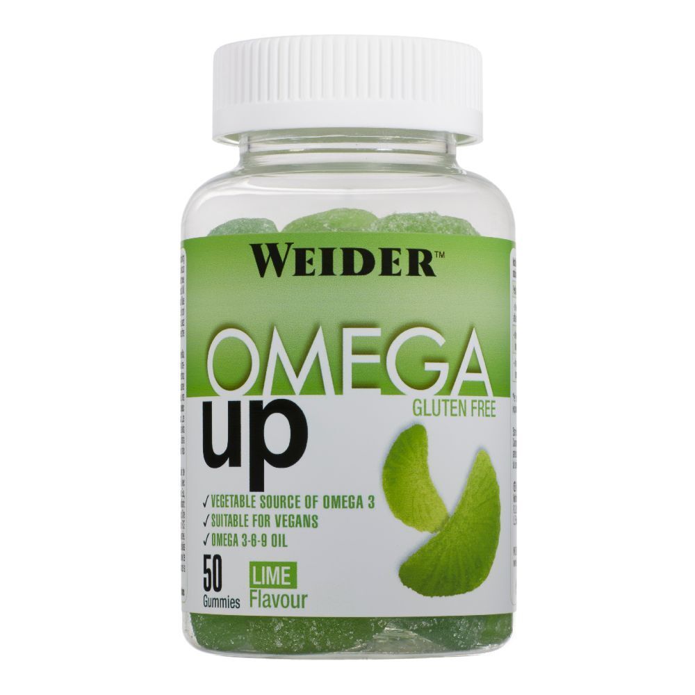 WEIDER Omega Up Gummies, caramelle gommose verdi in bottiglia trasparente. Scritta: Omega Up, senza glutine, 50 caramelle.