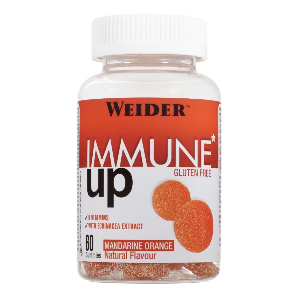 Gommosi Weider Immune Up in bottiglia. Contiene 60 caramelle gommose all'arancia mandarino. Senza glutine. Con vitamine ed estratto di echinacea.