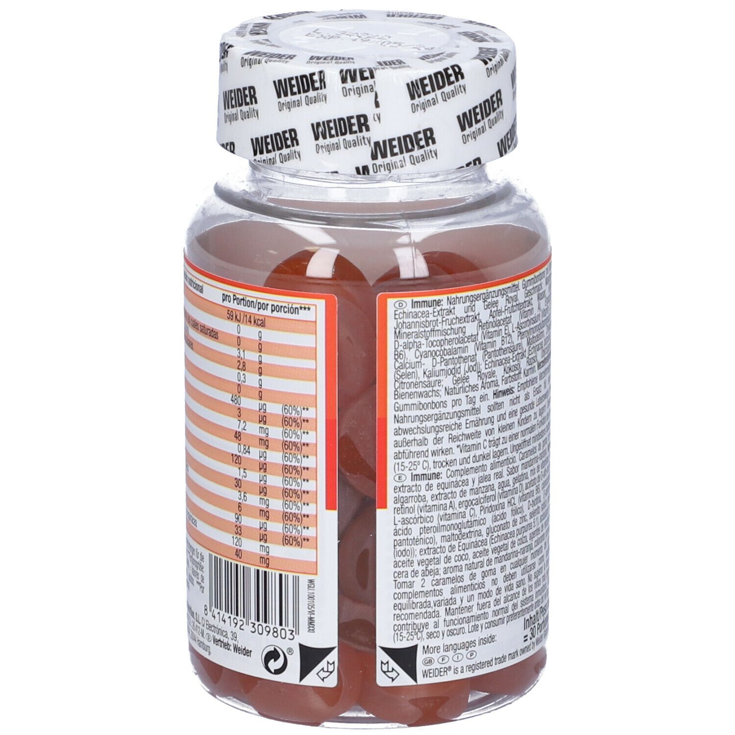 Retro della bottiglia di gommosi Weider Immune. Contiene informazioni sul valore nutrizionale per porzione. 60 caramelle gommose. 180g.