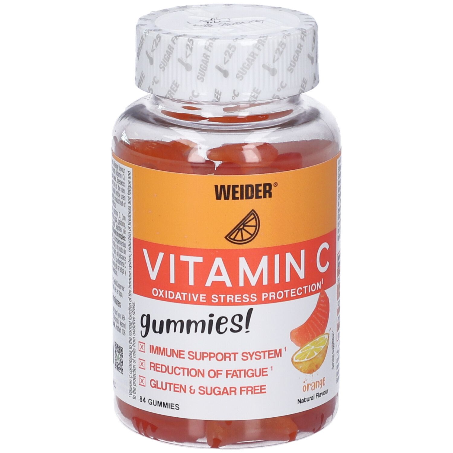 Klare Flasche mit Vitamin C Gummies. Orangefarbenes Etikett mit Produktnamen und Illustrationen. Deckel mit Aufschrift.
