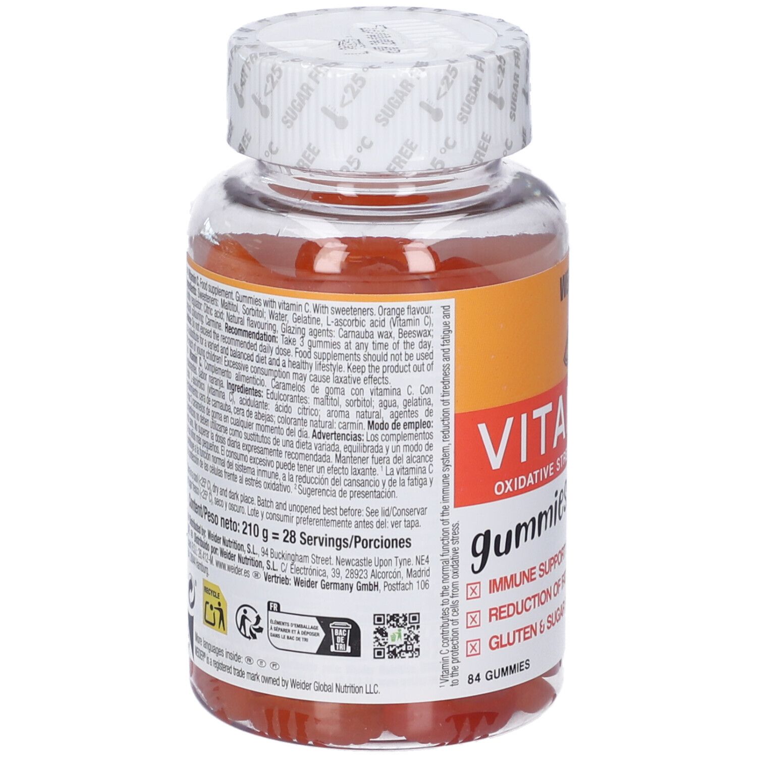 Rückseite der Vitamin C Gummies Flasche. Enthält Textinformationen, Nährwertangaben und Herstelleradresse.