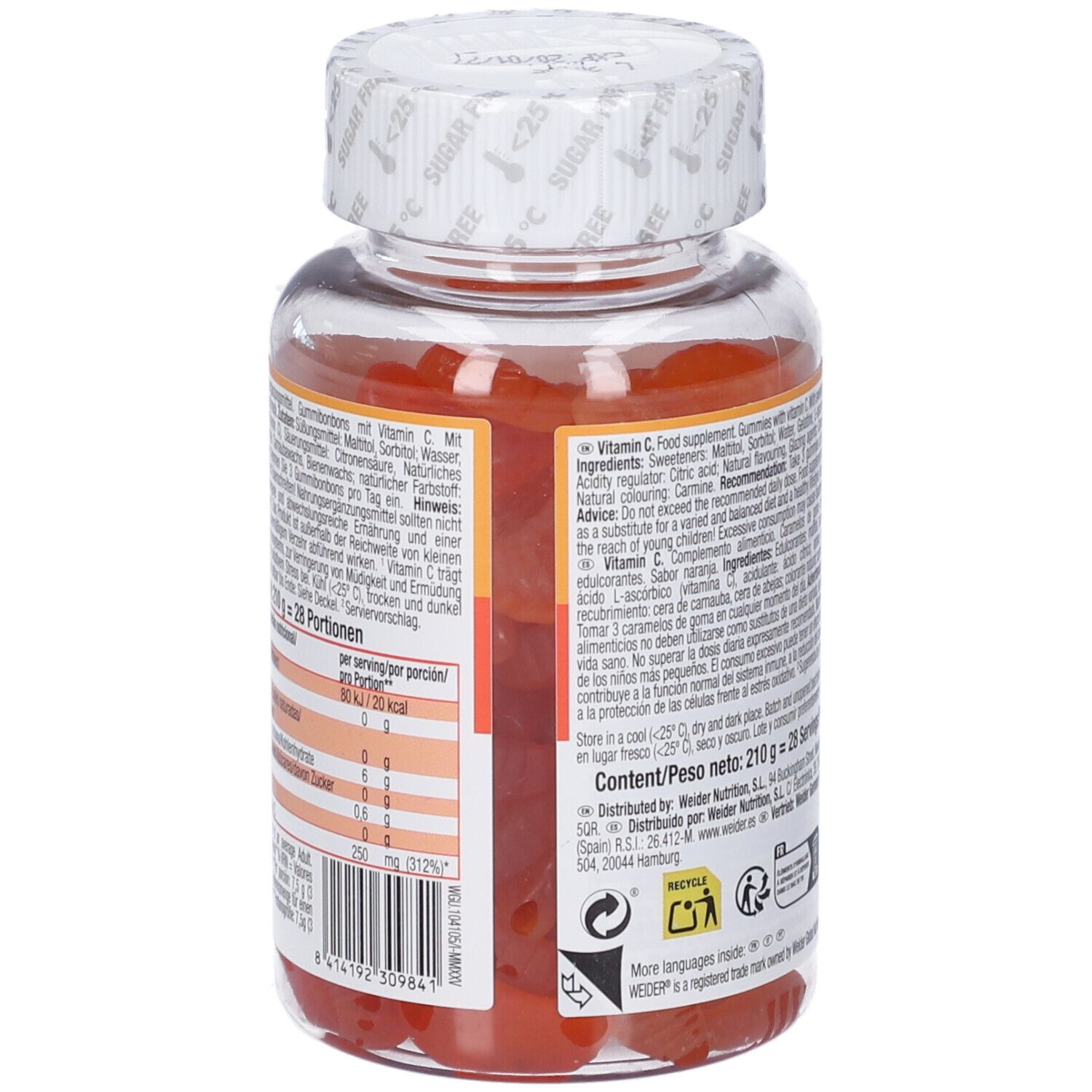 Rückansicht der Vitamin C Gummies Flasche. Enthält Textinformationen und Nährwertangaben.