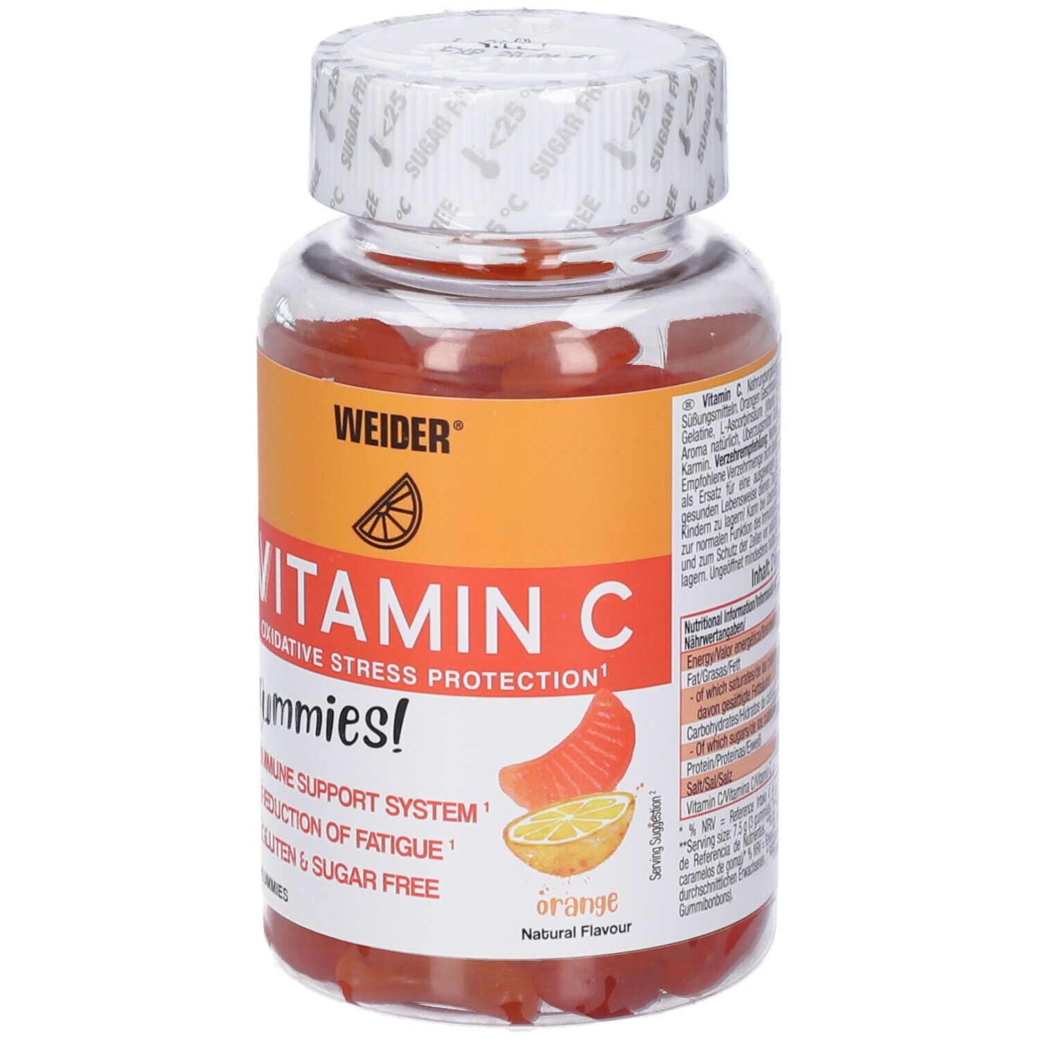 Vitamin C Gummies Flasche, leicht schräg. Orangefarbenes Etikett mit Produktnamen und Illustrationen. Deckel mit Aufschrift.
