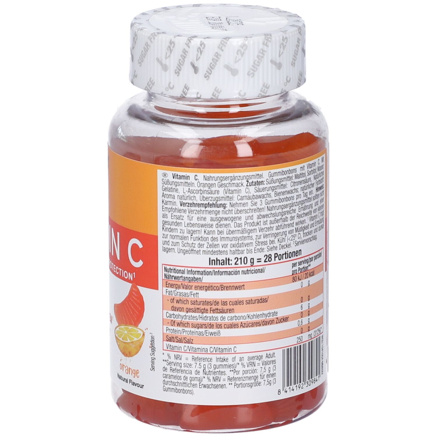 Rückseite der Vitamin C Gummies Flasche. Enthält Textinformationen und Nährwertangaben.
