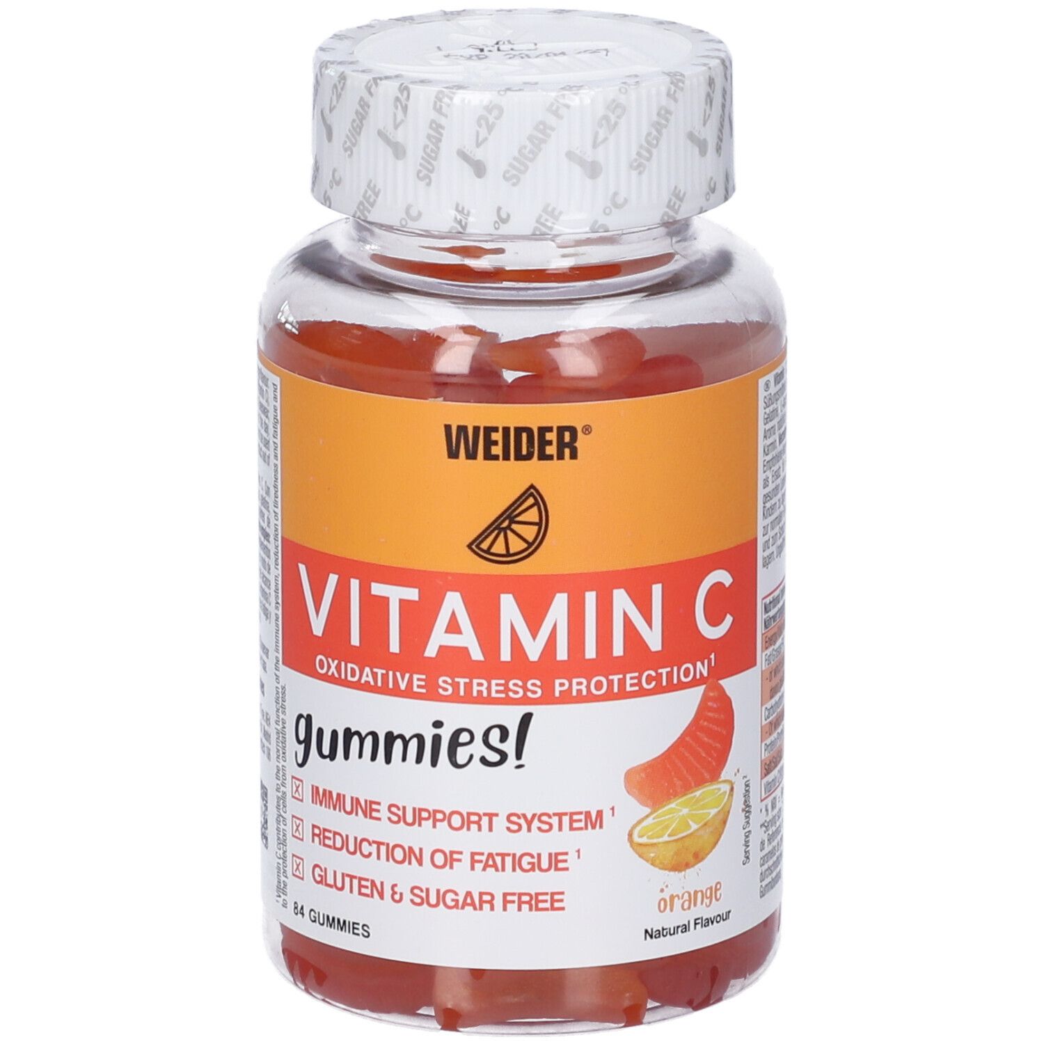 Klare Flasche mit Vitamin C Gummies. Orangefarbenes Etikett mit Produktnamen und Illustrationen. Deckel mit Aufschrift.