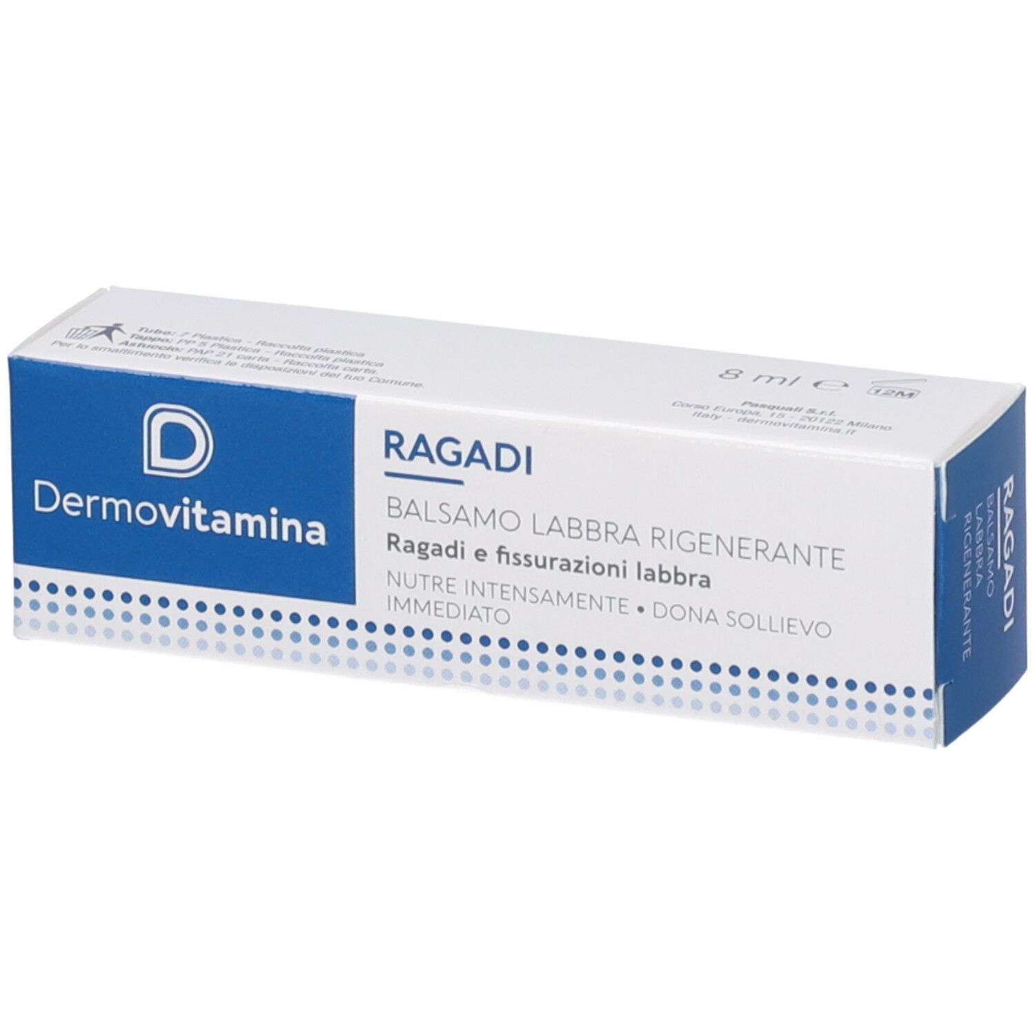 Scatola bianca con fascia blu. Marchio Dermovitamin. Nome prodotto Ragadi. Testo: Balsamo Labbra Rigenerante. 8 ml.