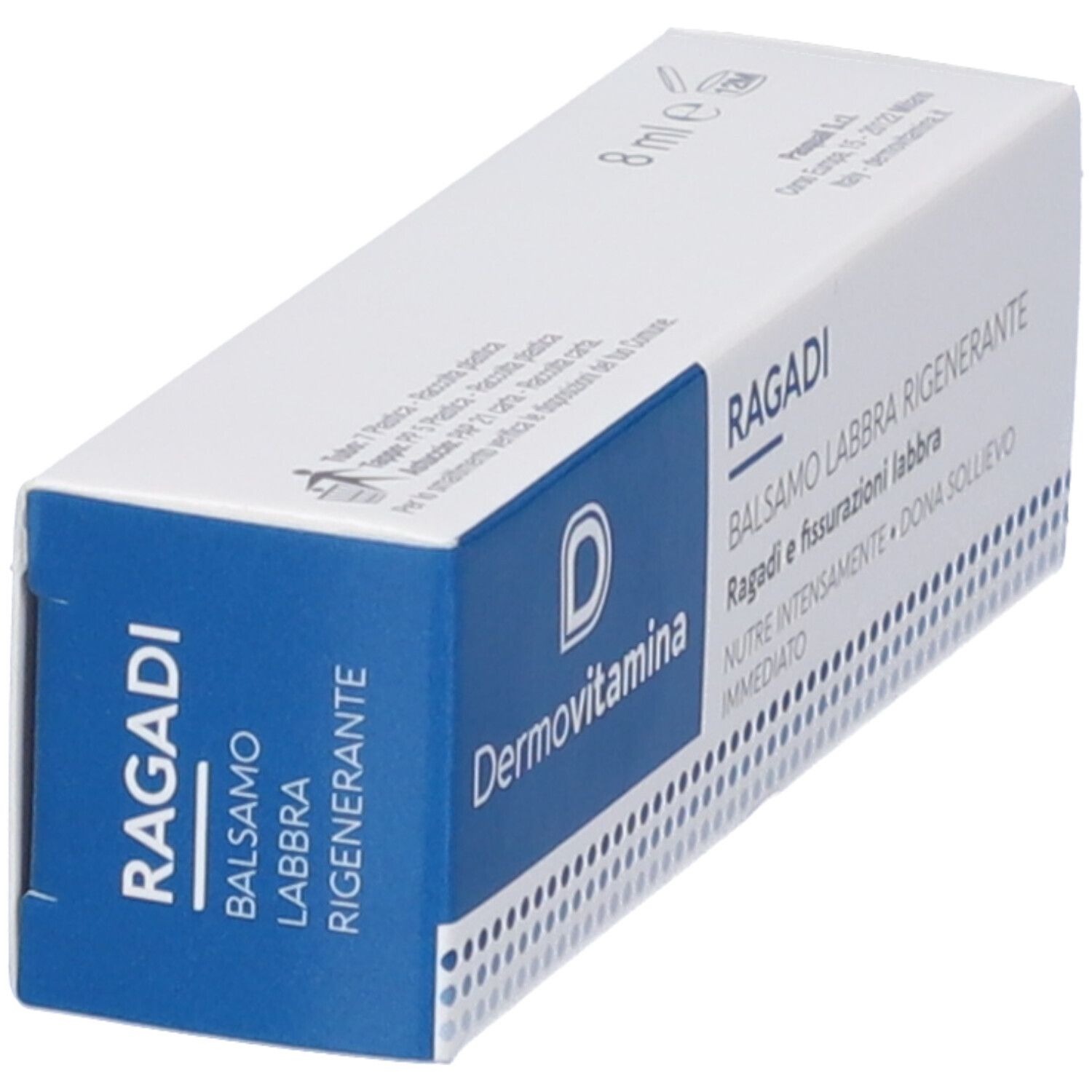 Scatola bianca con fascia blu. Marchio Dermovitamin. Nome prodotto Ragadi. Testo: Balsamo Labbra Rigenerante. 8 ml.