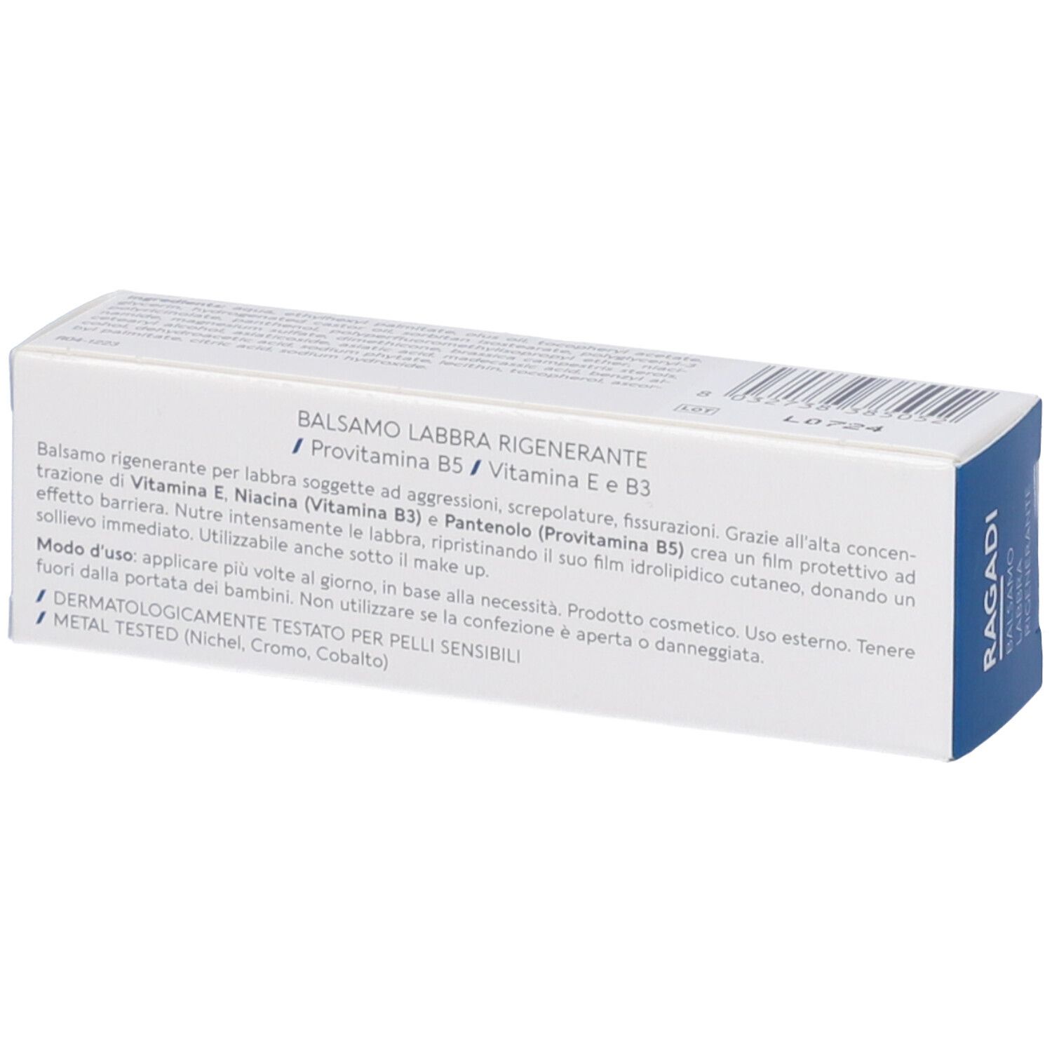 Retro della scatola bianca. Testo: Balsamo Labbra Rigenerante. Ingredienti: vitamina E, B3 e pantenolo. Dermatologicamente testato.