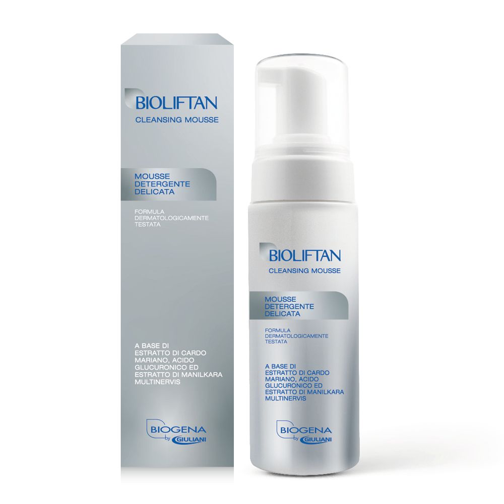 Bioliftan Cleansing Mousse, flacone bianco con dispenser e scatola. Testo: Bioliftan, Mousse Detergente Delicata.