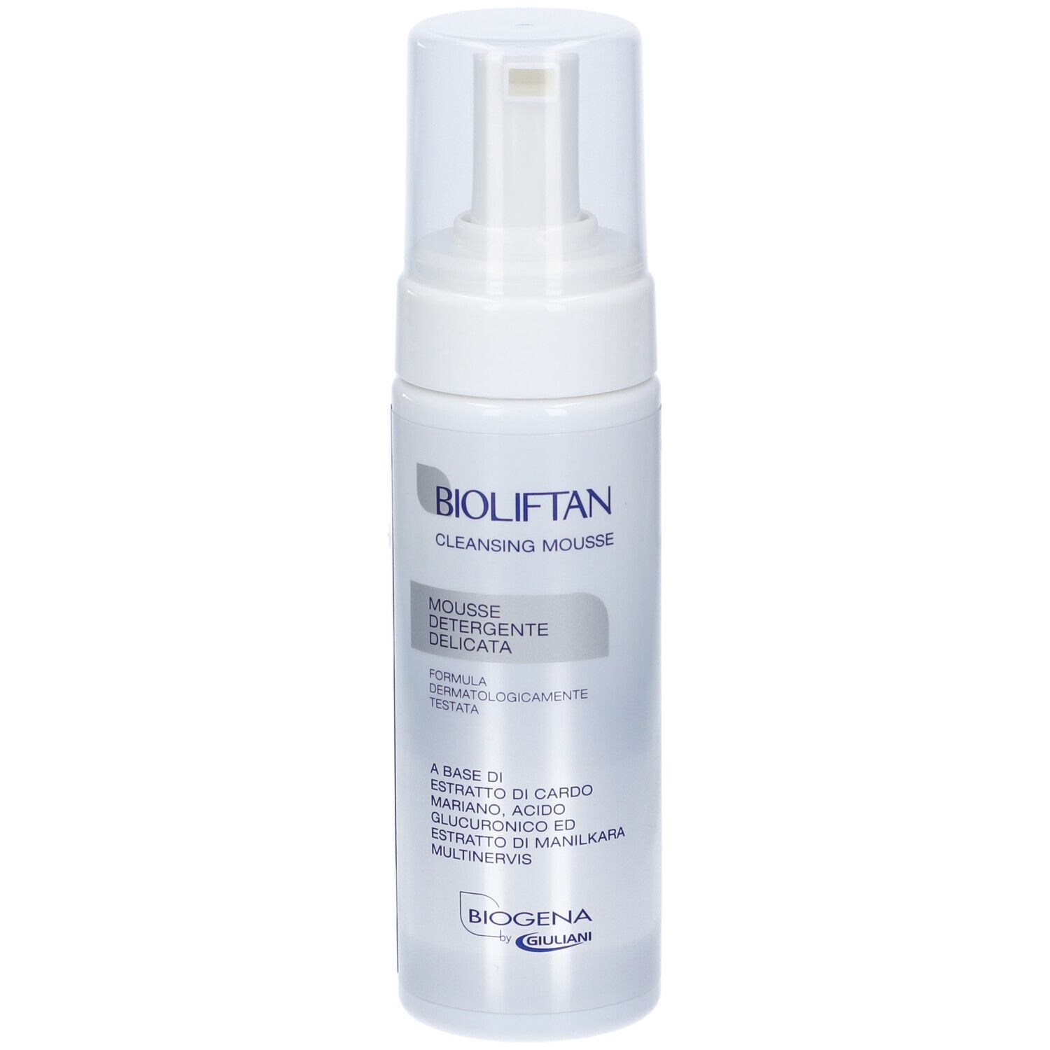 Bioliftan Cleansing Mousse, flacone bianco con dispenser. Testo: Bioliftan, Mousse Detergente Delicata.