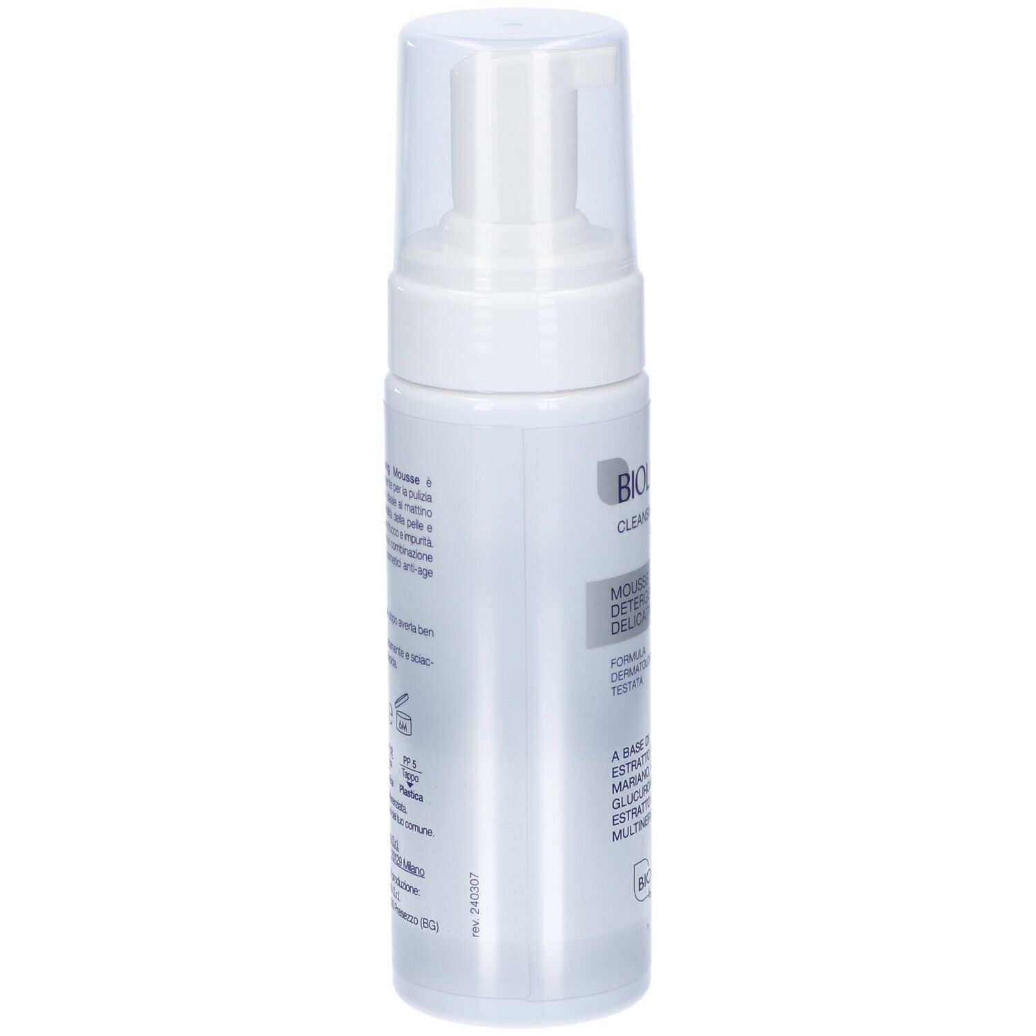 Bioliftan Cleansing Mousse, flacone bianco con dispenser. Testo: Bioliftan, Mousse Detergente Delicata.