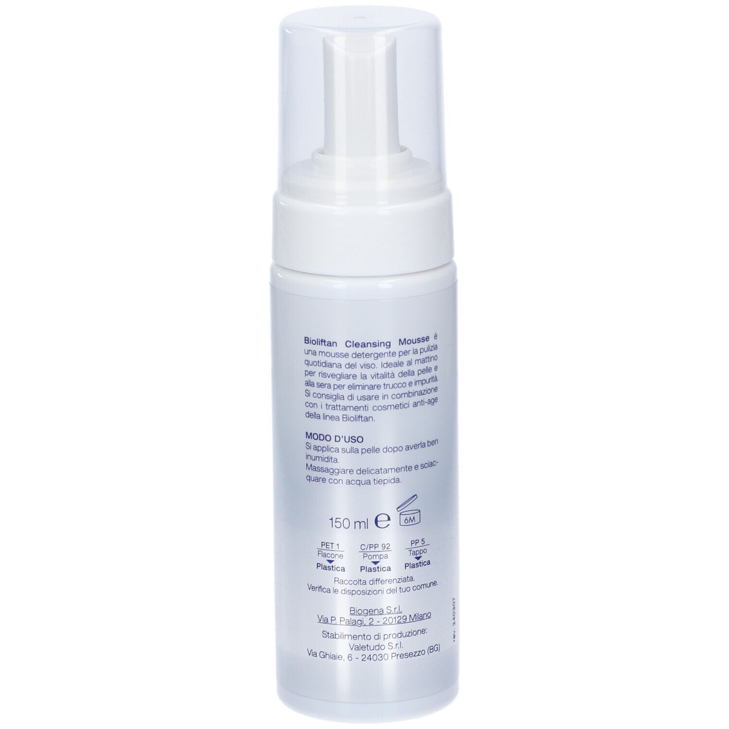 Bioliftan Cleansing Mousse, flacone bianco con dispenser. Testo: Bioliftan, Mousse Detergente Delicata.