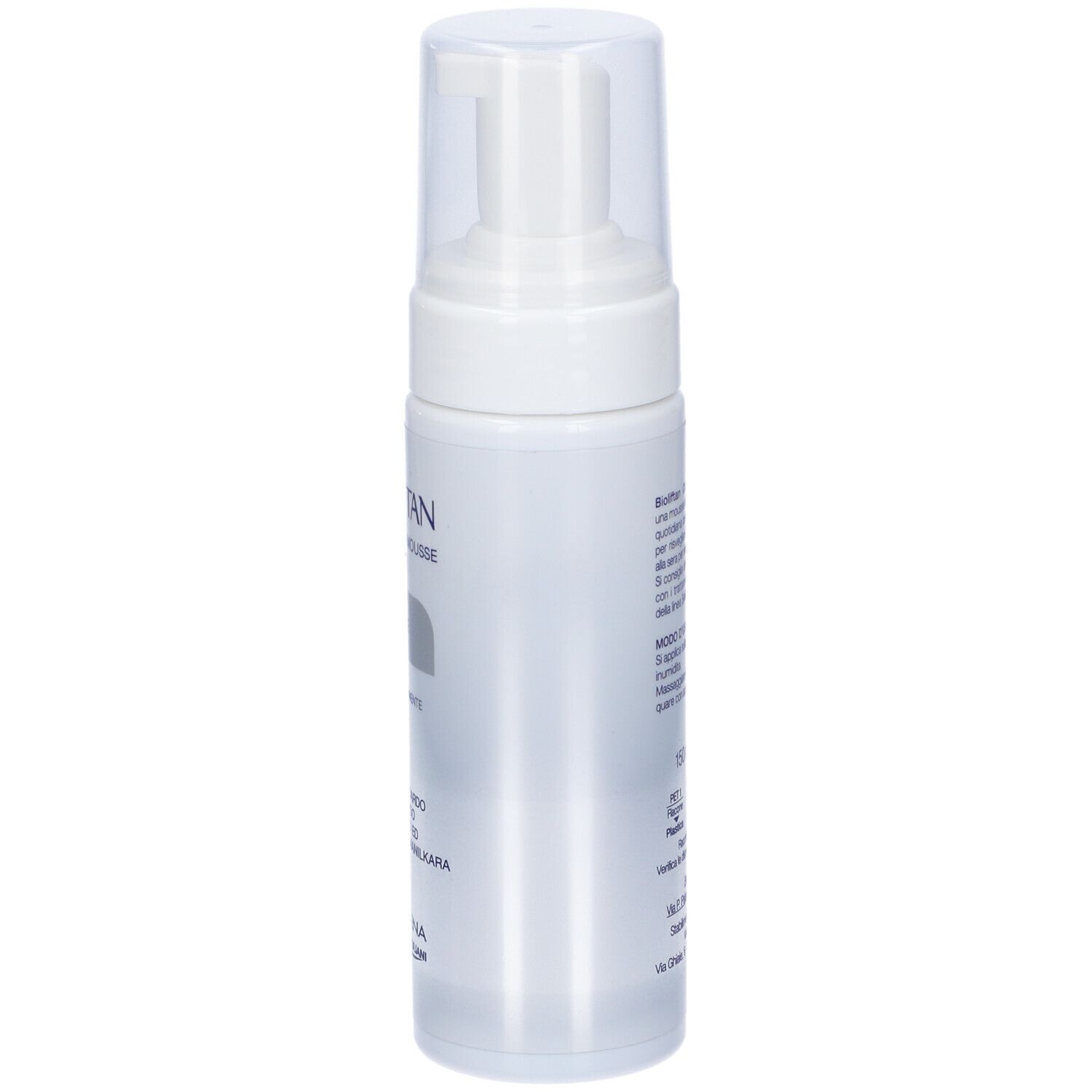Bioliftan Cleansing Mousse, flacone bianco con dispenser. Testo: Bioliftan, Mousse Detergente Delicata.