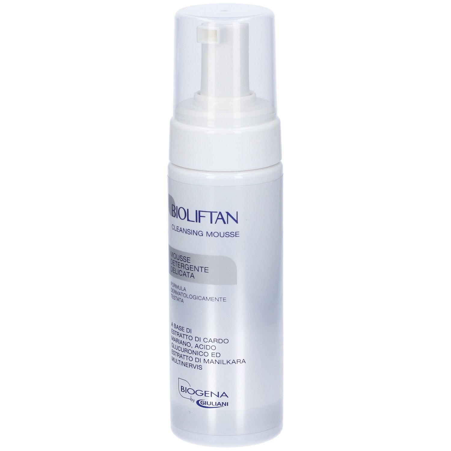 Bioliftan Cleansing Mousse, flacone bianco con dispenser. Testo: Bioliftan, Mousse Detergente Delicata.