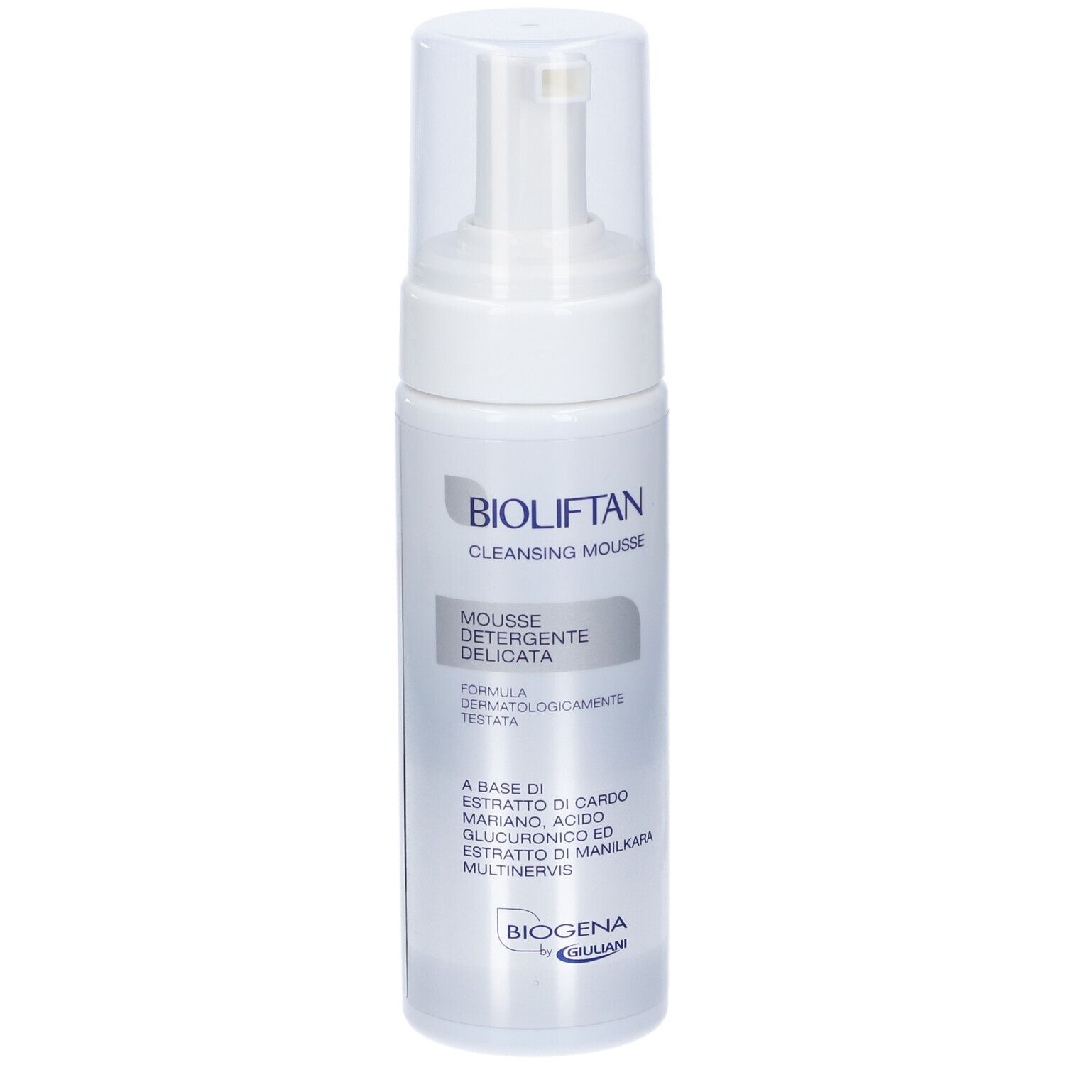 Bioliftan Cleansing Mousse, flacone bianco con dispenser. Testo: Bioliftan, Mousse Detergente Delicata.