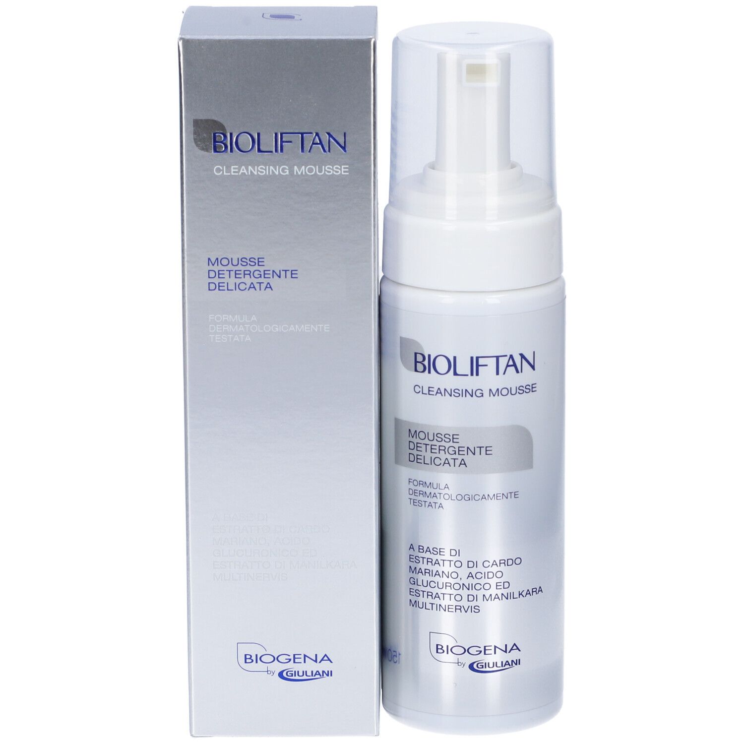 Bioliftan Cleansing Mousse, flacone bianco con dispenser e scatola. Testo: Bioliftan, Mousse Detergente Delicata.