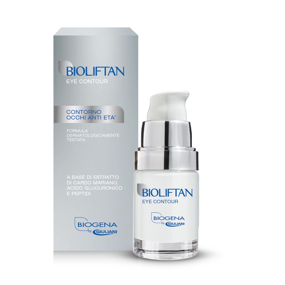Flacone di crema con pompa e confezione. Scritta: Bioliftan Eye Contour. Confezione con informazioni sul prodotto.