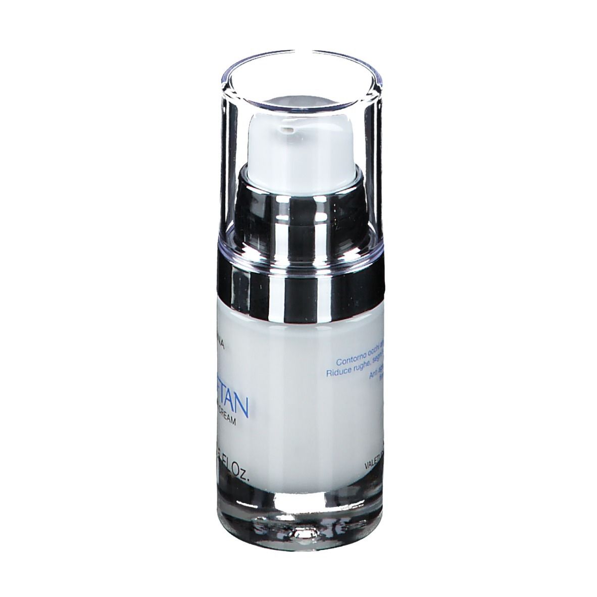 Flacone di crema con pompa e coperchio trasparente. Scritta: Bioliftan Eye Contour Cream. 15ml 0.5 Fl.Oz.