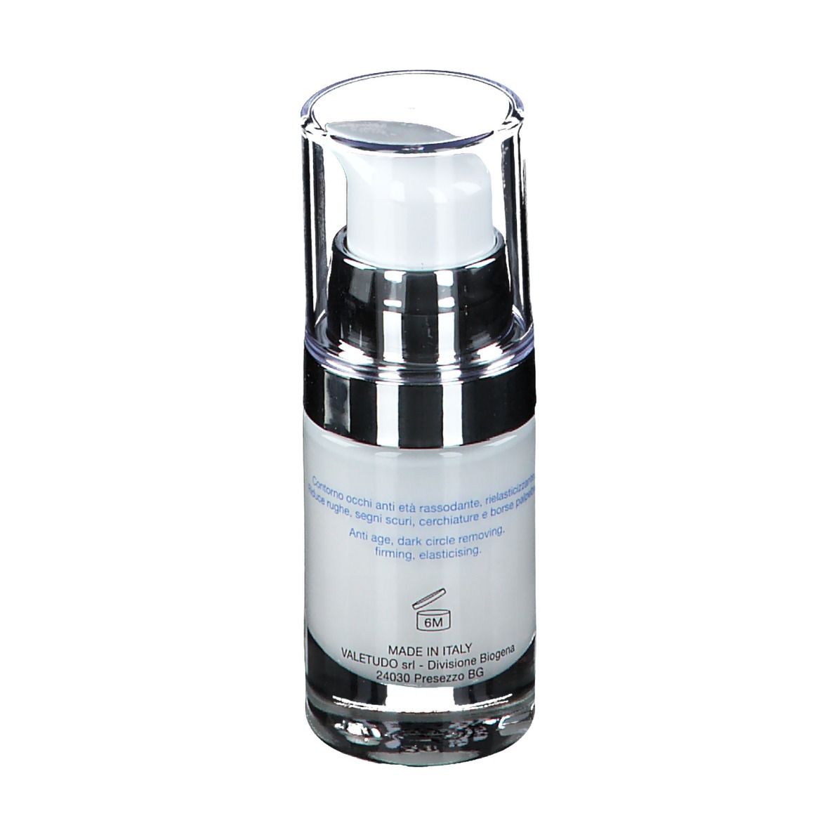 Flacone di crema con pompa e coperchio trasparente. Scritta: Bioliftan Eye Contour Cream. 15ml 0.5 Fl.Oz.