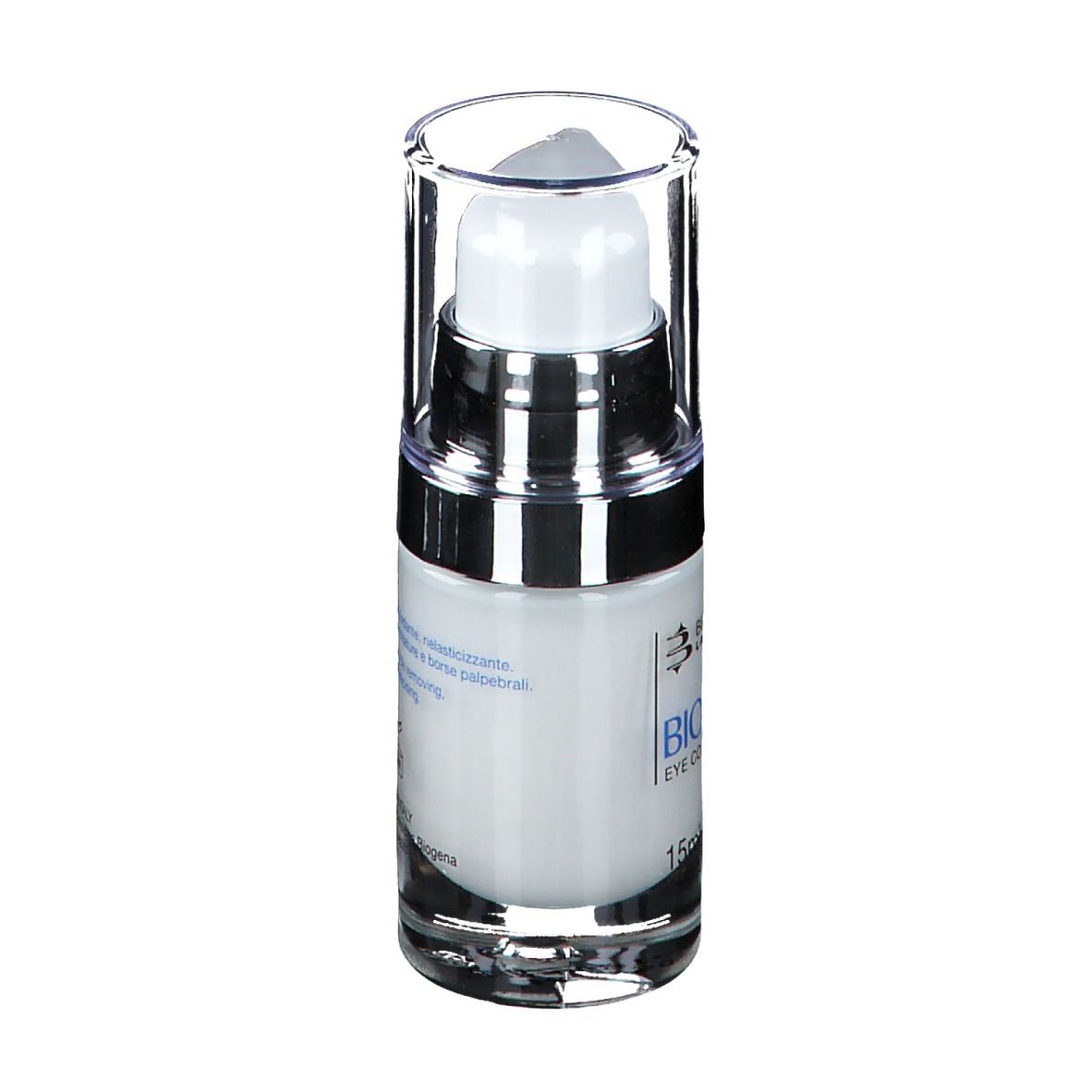 Flacone di crema con pompa e coperchio trasparente. Scritta: Bioliftan Eye Contour Cream. 15ml 0.5 Fl.Oz.