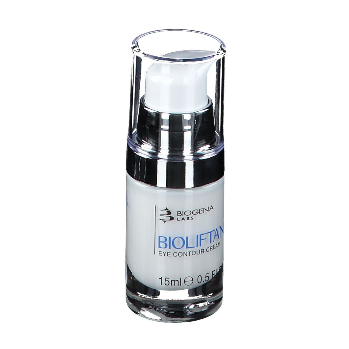 Flacone di crema con pompa e coperchio trasparente. Scritta: Bioliftan Eye Contour Cream. 15ml 0.5 Fl.Oz.