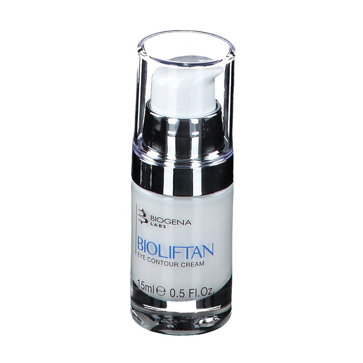 Flacone di crema con pompa e coperchio trasparente. Scritta: Bioliftan Eye Contour Cream. 15ml 0.5 Fl.Oz.