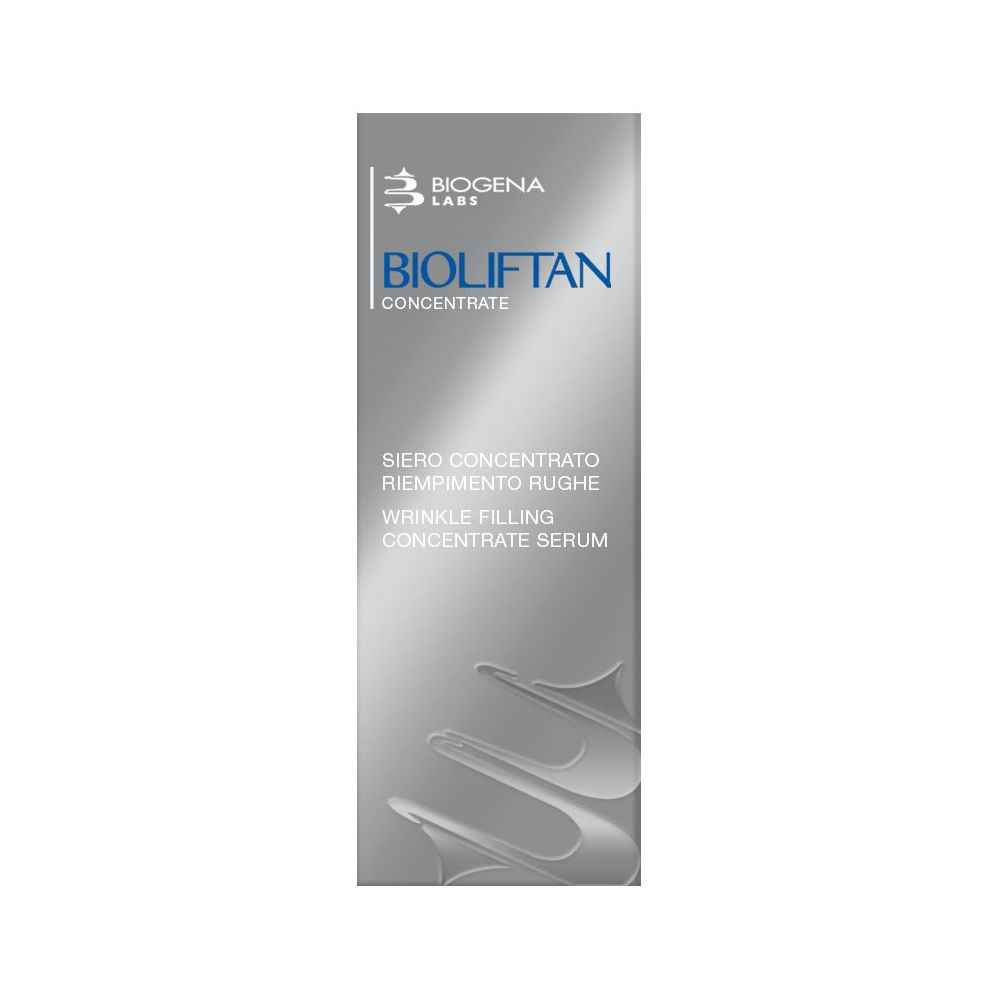 Verpackung von Bioliftan Concentrate. Silberfarbener Hintergrund mit Produktnamen und Text. Biogena Labs Logo.