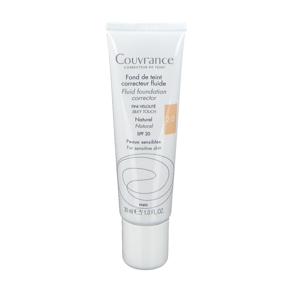 Tubo di fondotinta. Scritta: Couvrance, Fluid foundation corrector, 2.0 Natural, SPF 20. Per pelli sensibili.