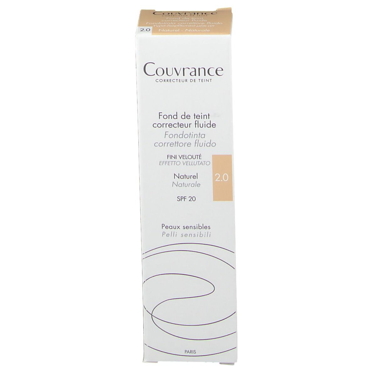 Confezione del prodotto. Scritta: Couvrance, Fluid foundation corrector, 2.0 Natural, SPF 20. Per pelli sensibili.
