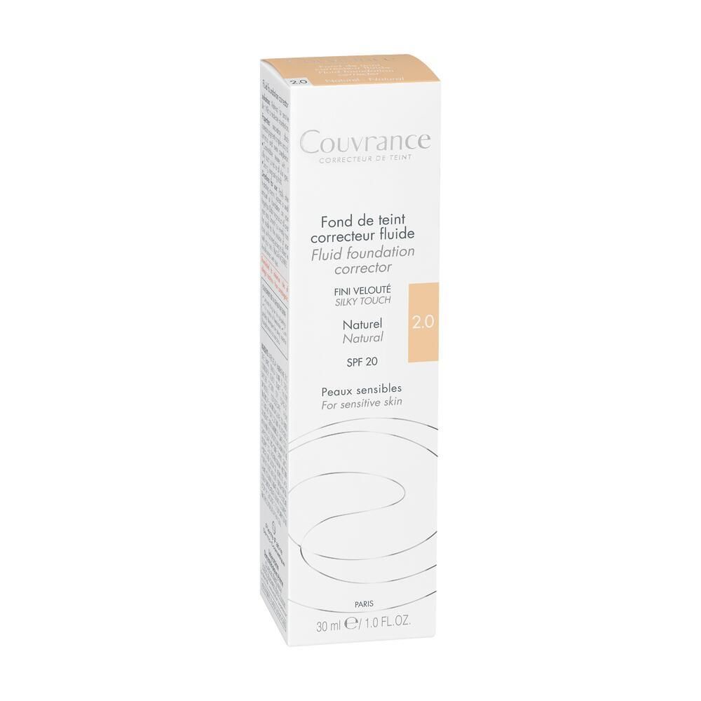 Scatola di fondotinta. Scritta: Couvrance, Fluid foundation corrector, 2.0 Natural, SPF 20. Per pelli sensibili.