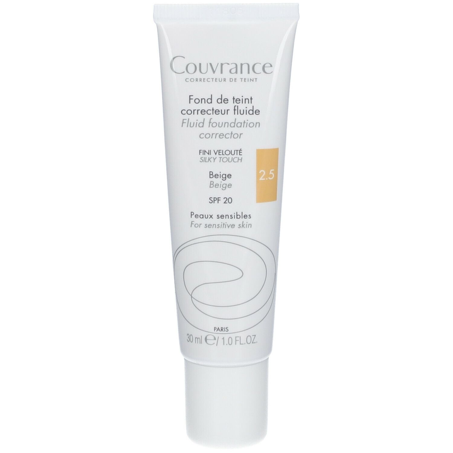 Tube mit Make-up-Fluid, beige 2.5. Marke Couvrance. Text: Fluid foundation corrector, SPF 20. Für empfindliche Haut.