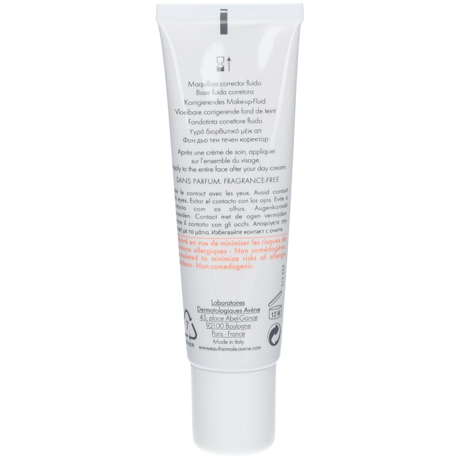 Rückseite der Tube mit Text. Marke Couvrance. Text: Fluid foundation corrector. Für empfindliche Haut. 30 ml.