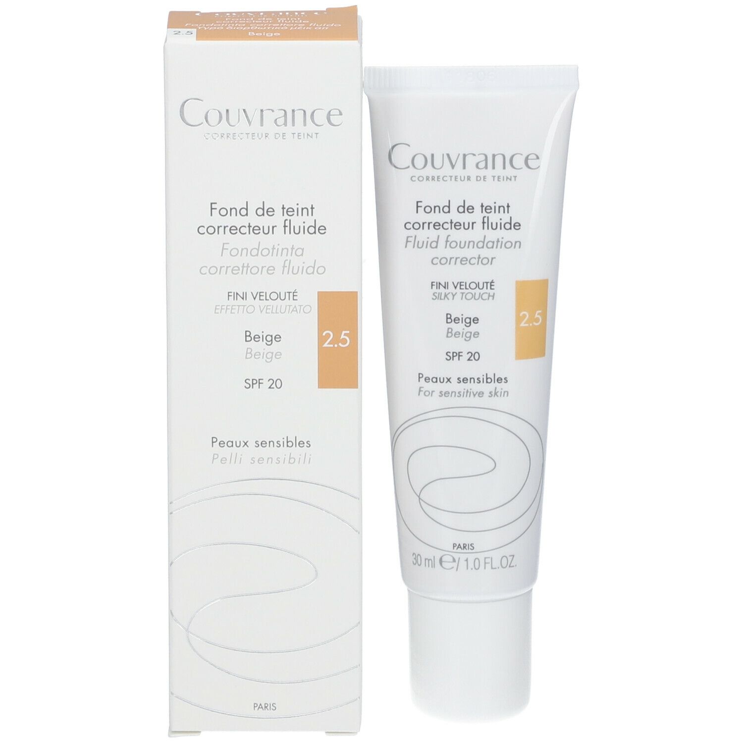 Produktverpackung mit Tube und Karton. Marke Couvrance. Text: Fluid foundation corrector, SPF 20. Beige 2.5.