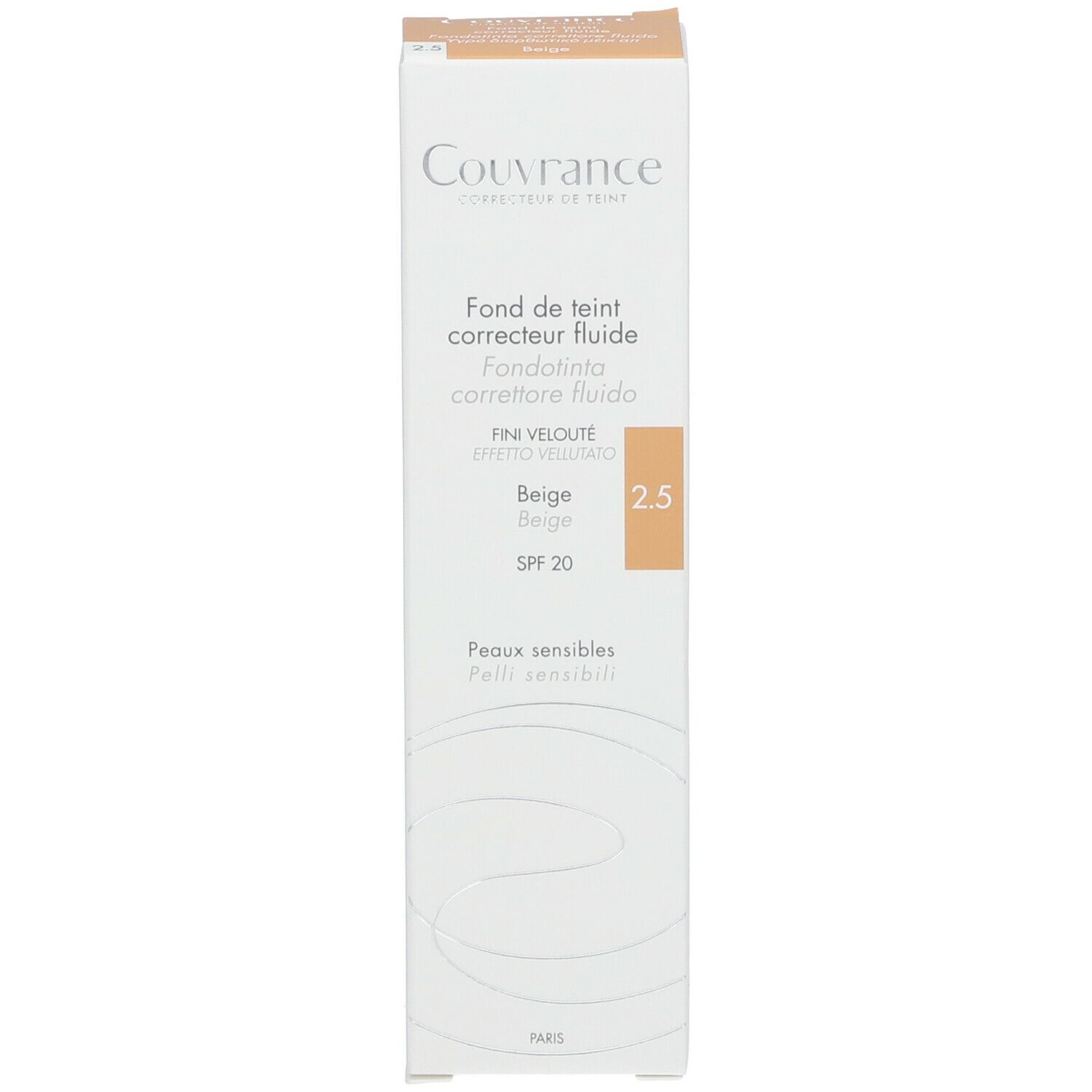 Karton mit Make-up-Fluid, beige 2.5. Marke Couvrance. Text: Fluid foundation corrector, SPF 20. Für empfindliche Haut.