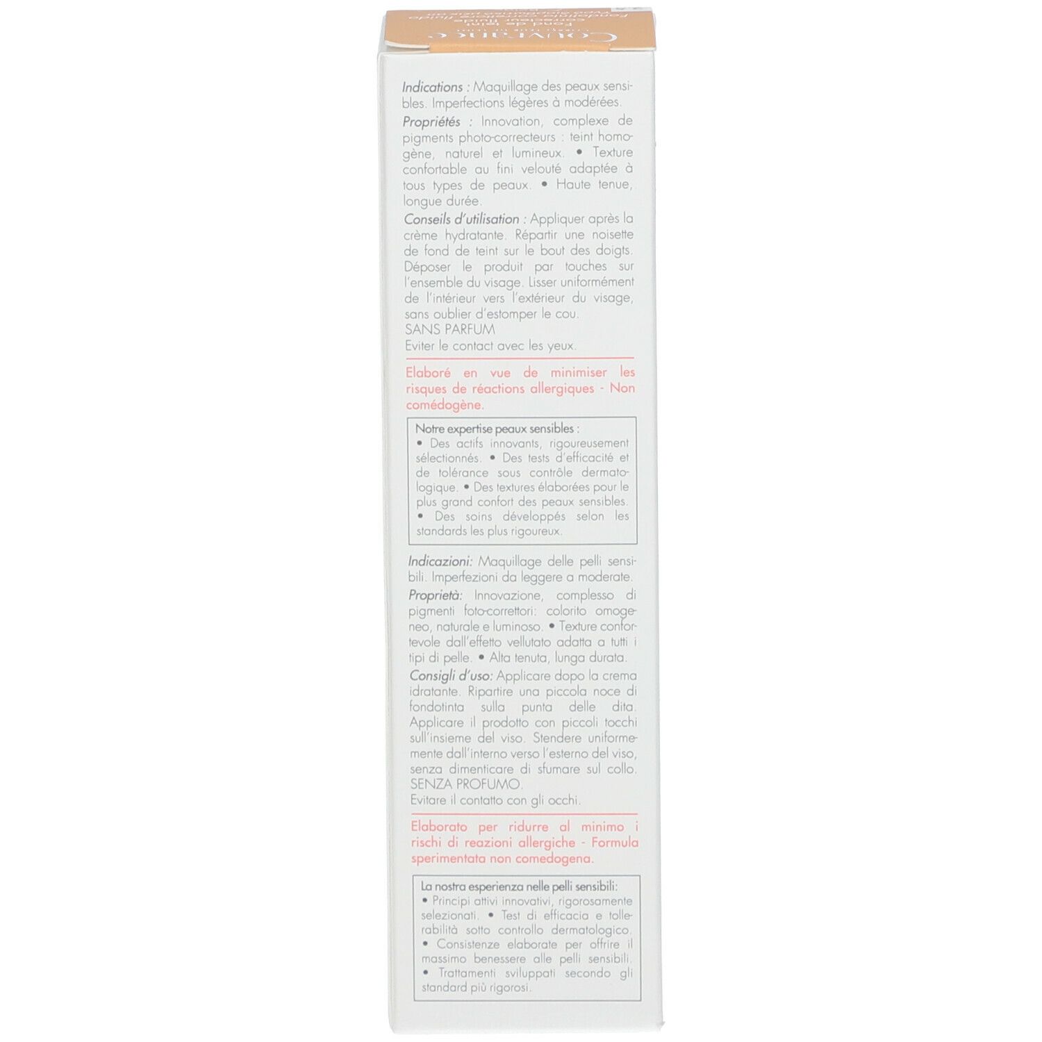 Seite der Produktverpackung mit Text. Marke Couvrance. Text in Französisch und Italienisch. Für empfindliche Haut.
