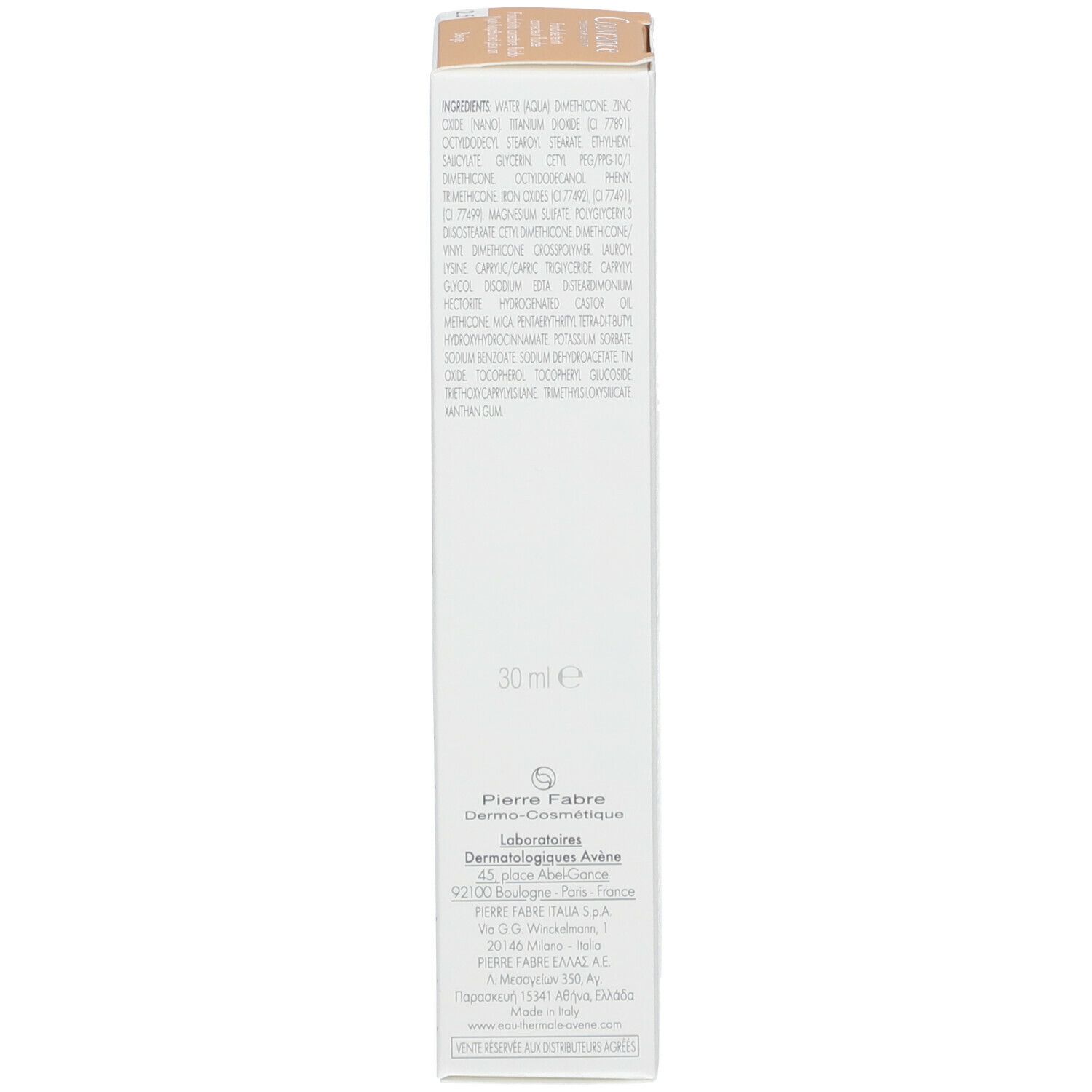 Seite der Produktverpackung mit Text. Marke Couvrance. Text in Englisch. 30 ml.