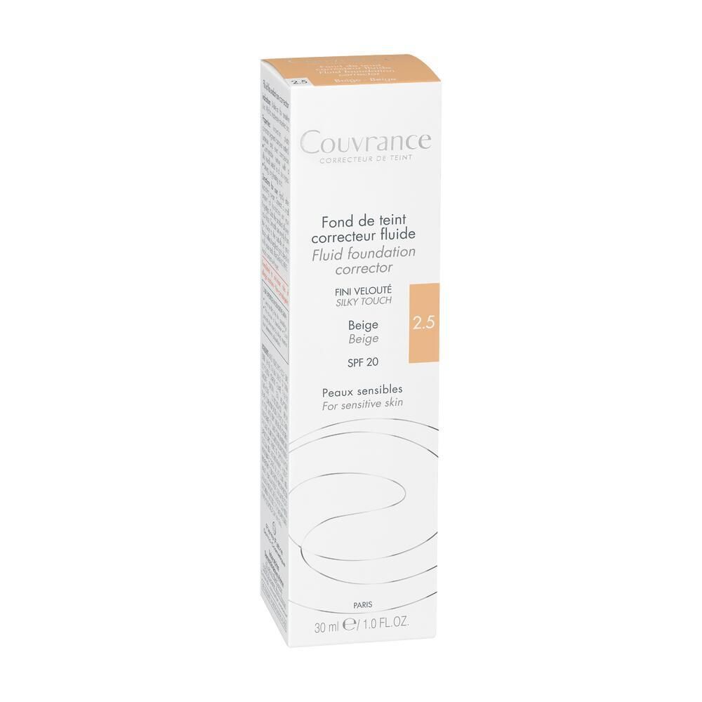 Karton mit Make-up-Fluid, beige 2.5. Marke Couvrance. Text: Fluid foundation corrector, SPF 20. Für empfindliche Haut.